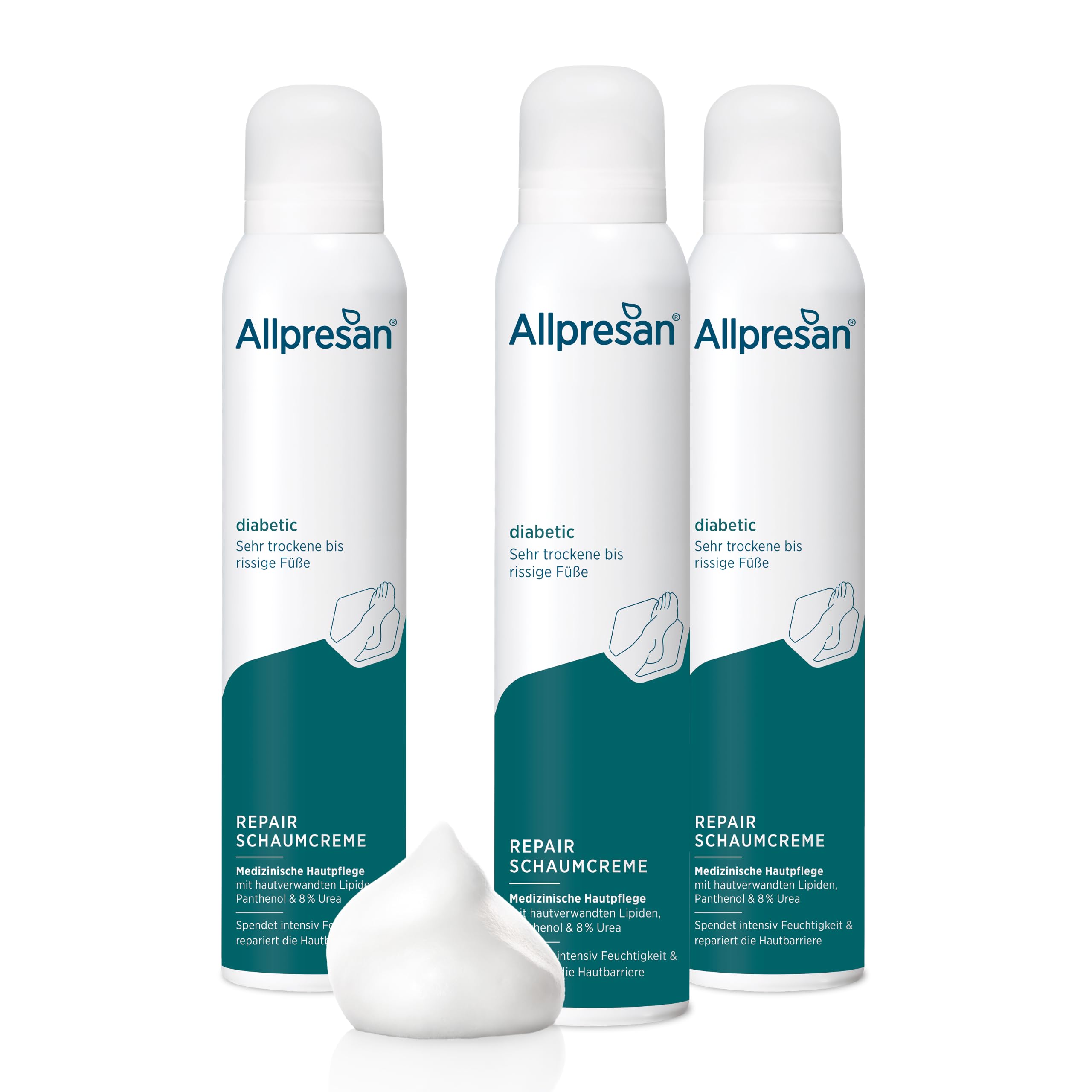 Allpresan diabetic REPAIR Schaum-Creme Fußpflege mit Urea - bei Diabetes mellitus - für sehr trockene bis rissige Füße - 200 ml (3er Pack)