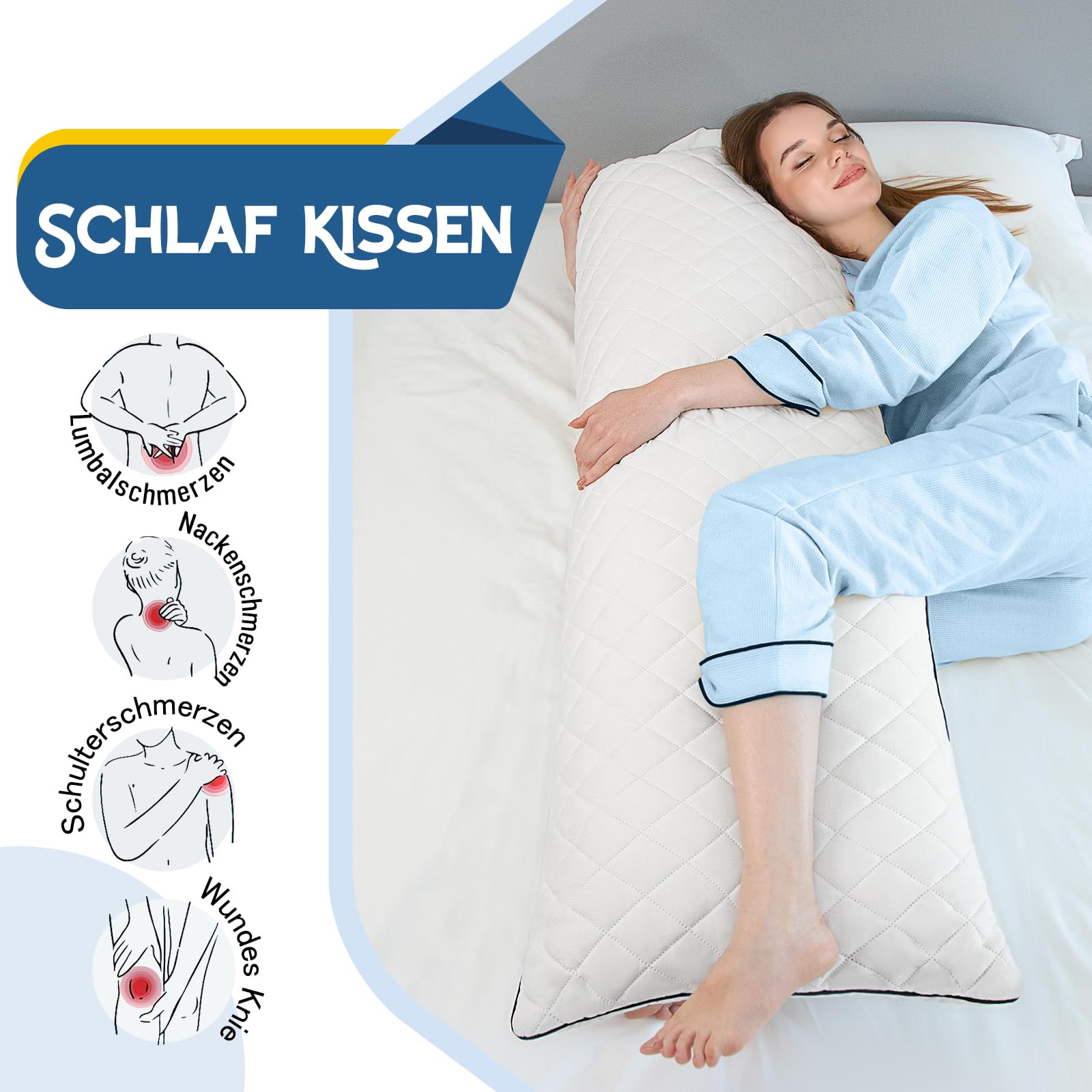 Body Pillow for Adults, Full Body Pilllow for Sleeping, Bolster Side Sleeper Pillow with Cover (Weiß-Memory Foam, 160 x 50 cm)