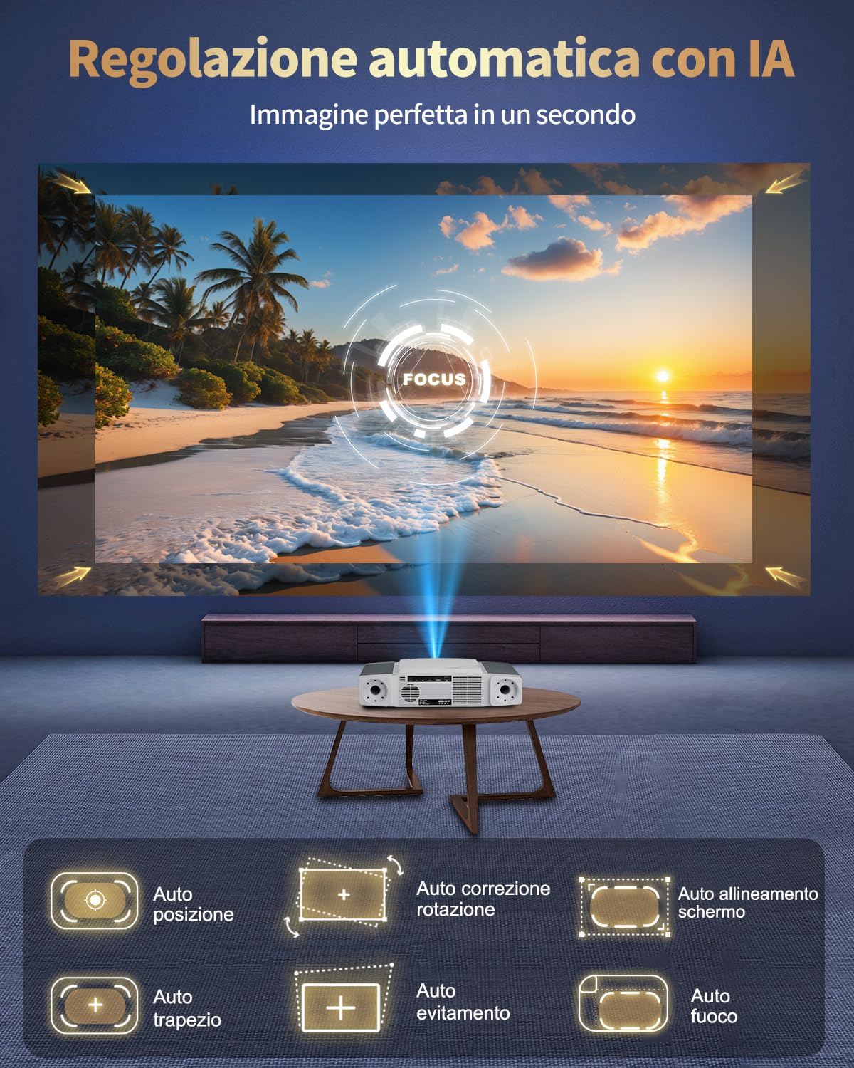 Proiettore Smart 4K, 2500 ANSI per esterni da giardino, camera e home theater. 1080P nativo con staffa elettrica nascosta, autofocus keystone, WiFi 6 Bluetooth, 300" IMAX Enhanced.