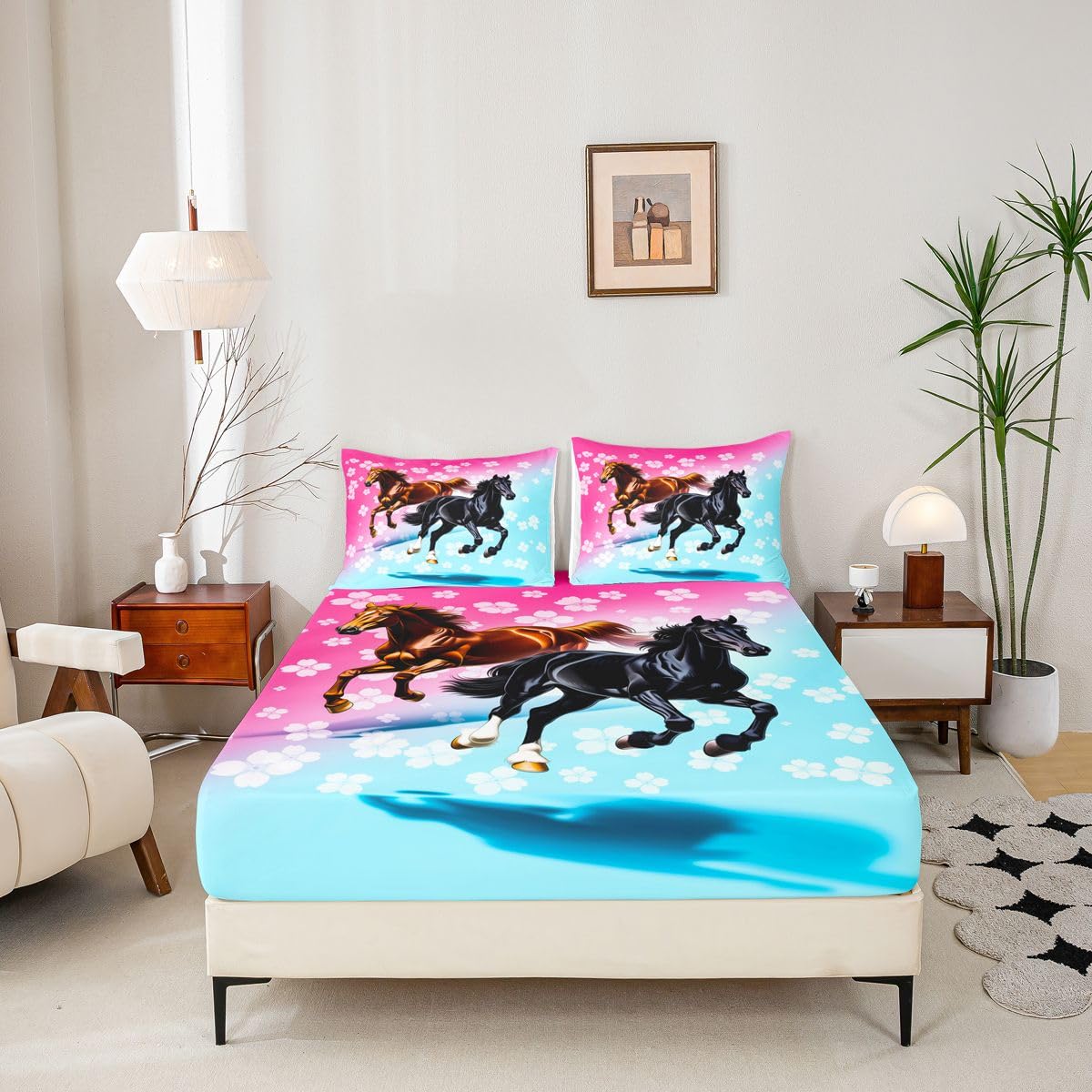 Homemissing Sábana bajera ajustable de 16 pulgadas de profundidad con diseño de caballo galopante para niños y niñas, con 2 fundas de almohada, para decoración de habitación