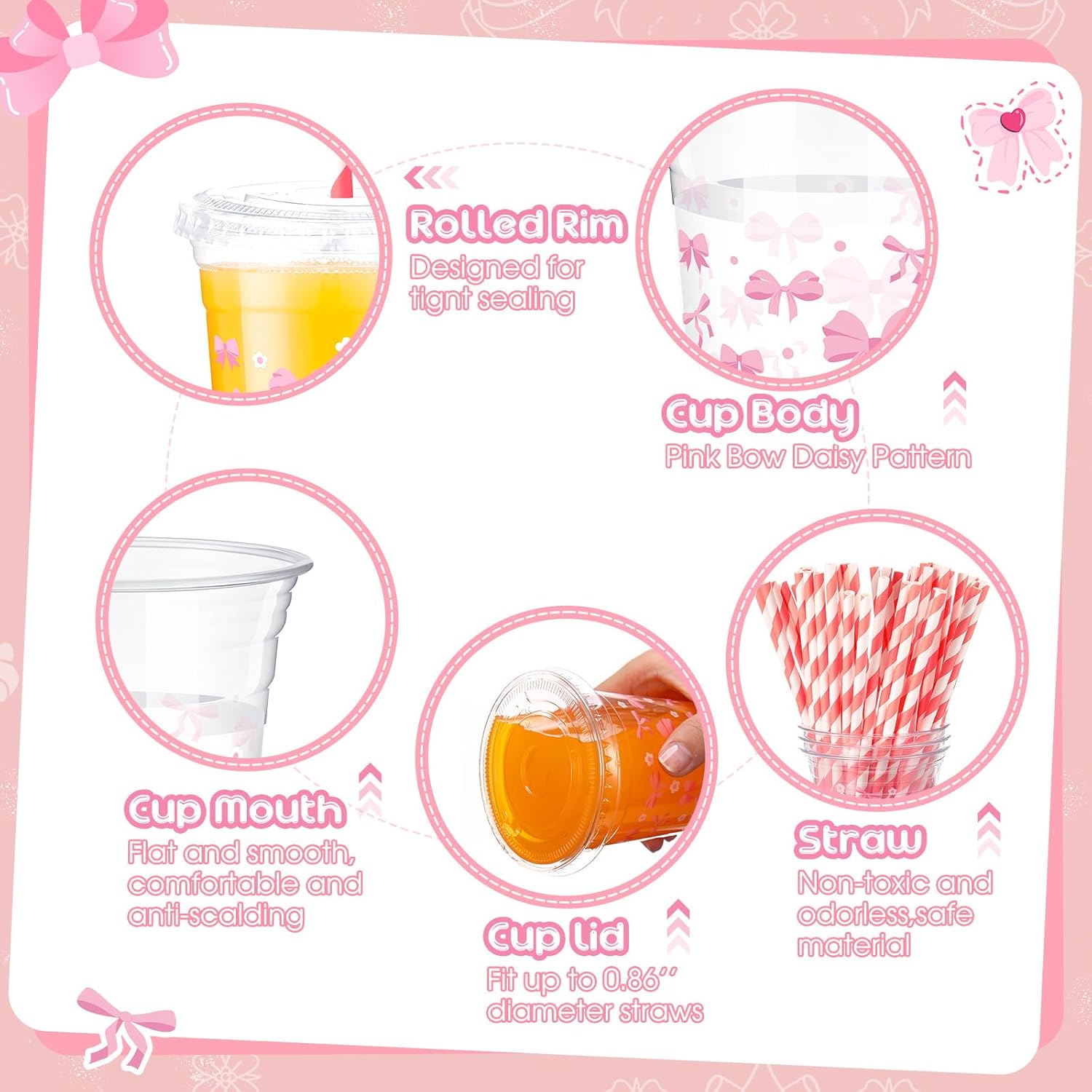 meekoo 50 Sets Coquette Pink Bow Cup with Flat Lids and Straws 12 oz Pink Bow Daisy Plastic Clear Drink Disposable Cups with Lids for Themed Parties Bridal Shower Birthday Wedding Party Supplies - Image 4
