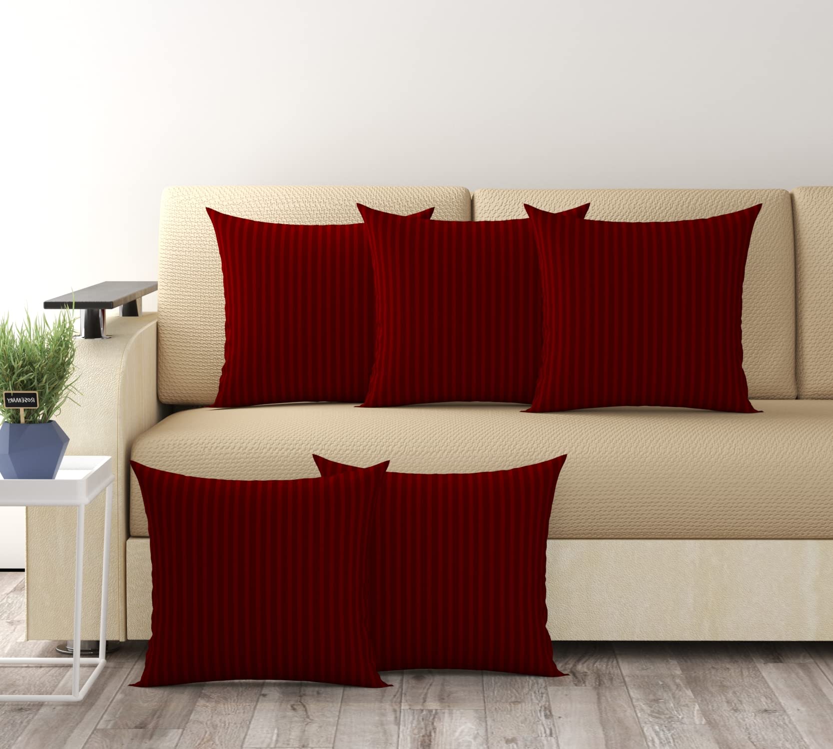 Trance Home Linen 200 TC Cotton Satin Striped Set of 5 Premium 16x16 inch Cushion Covers for Sofa and Diwan | Throw Pillow/Small Cushion Pillow Covers – (16x16 inch | 40cmx40cm, Maroon) – Set of 5-image-3