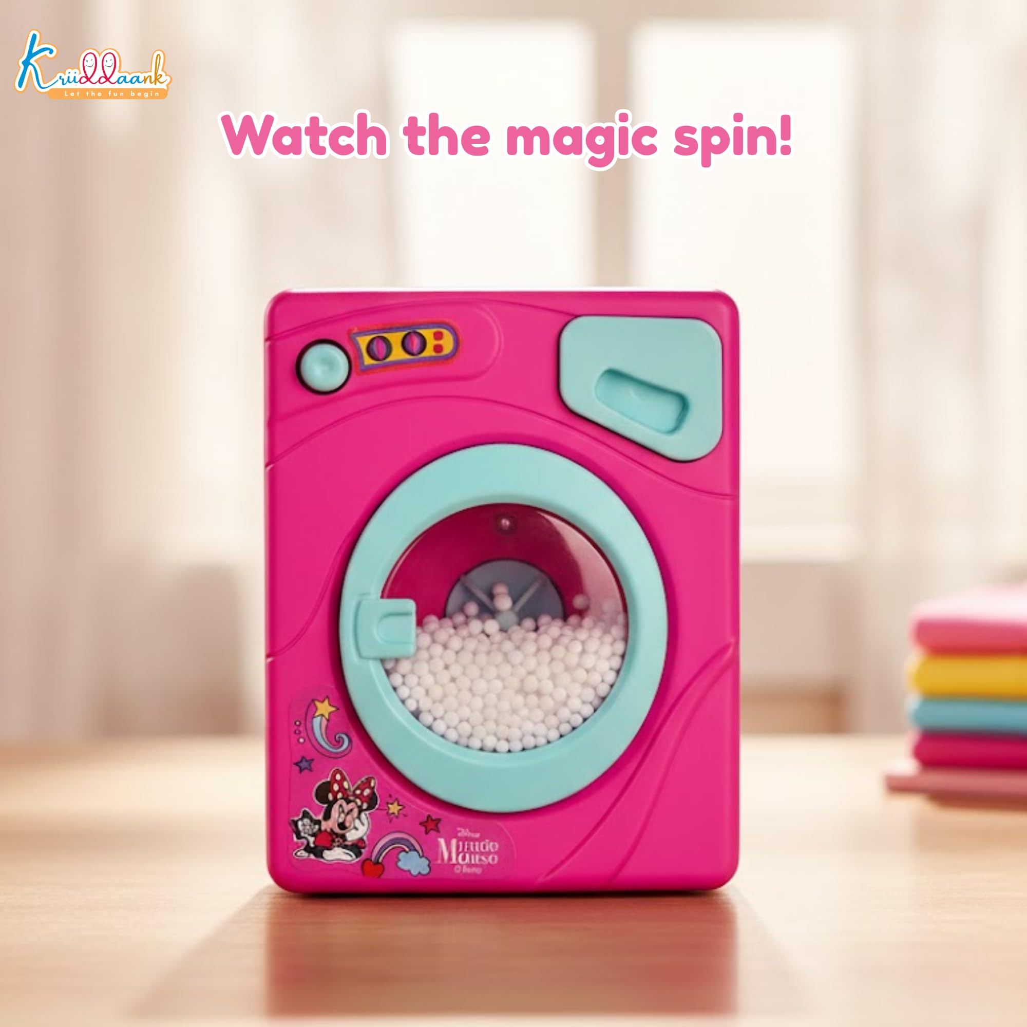 Kriiddaank Minnie Theme Interactive Family Washing Machine Toy for Toddlers - Pink Mini Laundry Appliance with Light & Sounds, Educational Pretend Play|Birthday Gift for Kids Aged 3+ Years 2