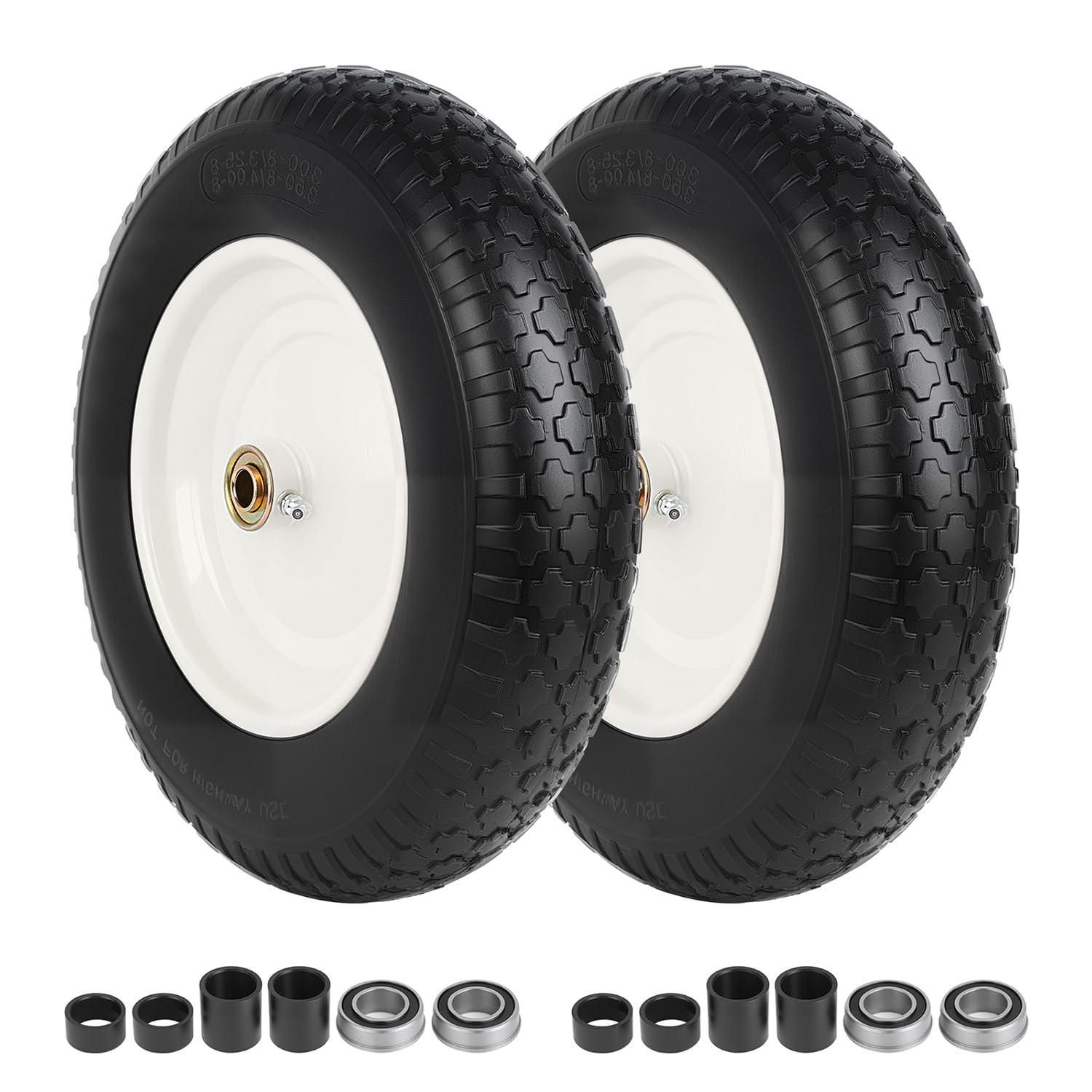 14.5" Wheelbarrow Tire Flat-Free, 3.50-8 Solid Tire 300LB Capacity Each, with 5/8" &amp; 3/4" Bearings, 3"-4''-6''-7" Adjustable Hub, Tire and Wheel Replacement for Dolly, Hand Truck, Garden Cart, 2 Pack