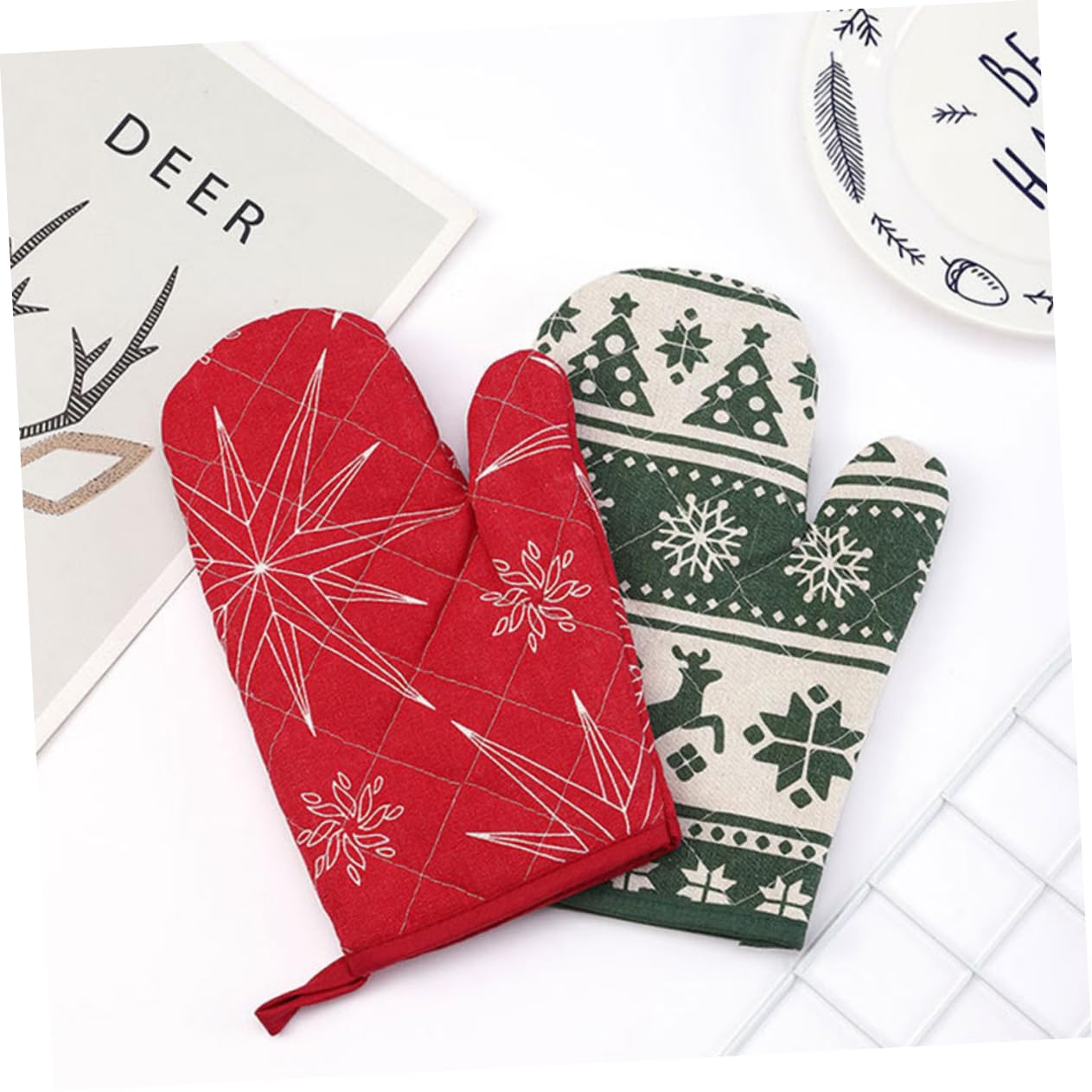 PRETYZOOM 4 Juegos Conjunto de Guantes navideños Christmas Agarraderas Aparatos de Cocina Guantes de Cocina para Horno Guante de Cocina para microondas Estera para Hornear paño