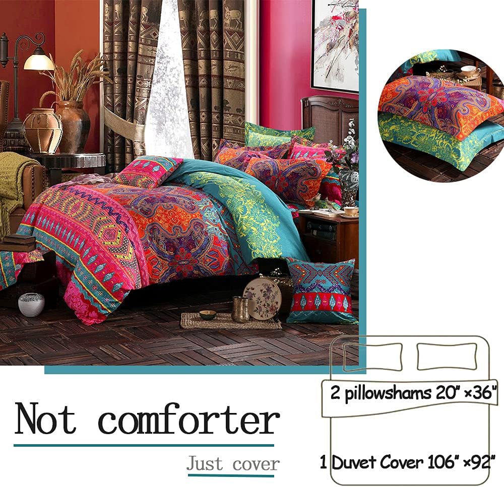 FADFAY Exotic Boho Duvet Cover Set King/California King 100% Brushed Cotton Soft Bohemian Bedding Red Teal Mandala Printed Bedding Reversible Striped Zipper Bed Comforter Cover + 2 Pillowshams - Image 4