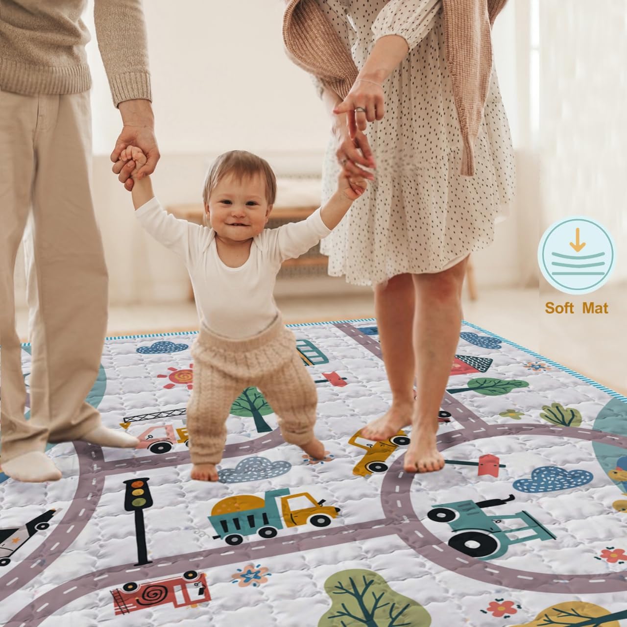 Tapetes de juego para bebé para piso, tapete de juego de 50 x 50 pulgadas, tapete de juego para automóvil antideslizante acolchado para gatear, tapetes de juego gruesos y suaves para bebés pequeños 3