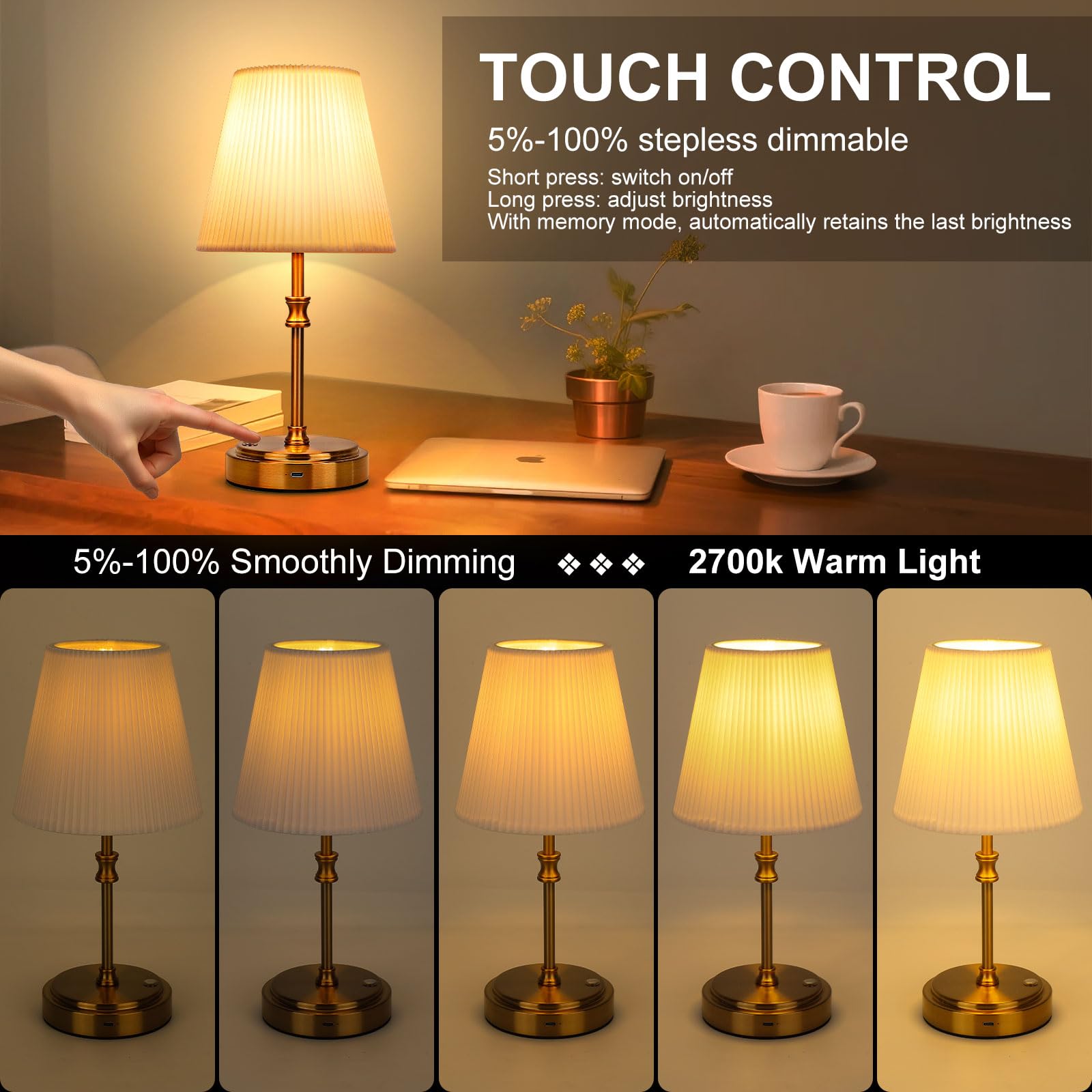 Glowlit Cordless Table Lamps Set of 2, 6000 mAh Rechargeable Lamp with Touch Control & Fabric Shade, Gold Metal Base - Image 2