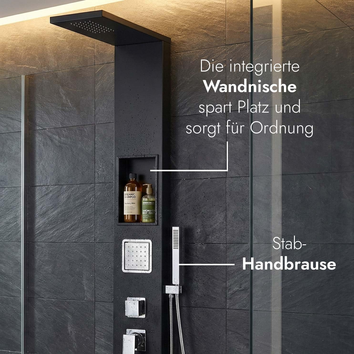 Duschpaneel Schwarz Matt mit Mischerventil inkl. integrierter Wandnische | Massagedusche paneel, Regendusche, Duschsystem mit Handbrause