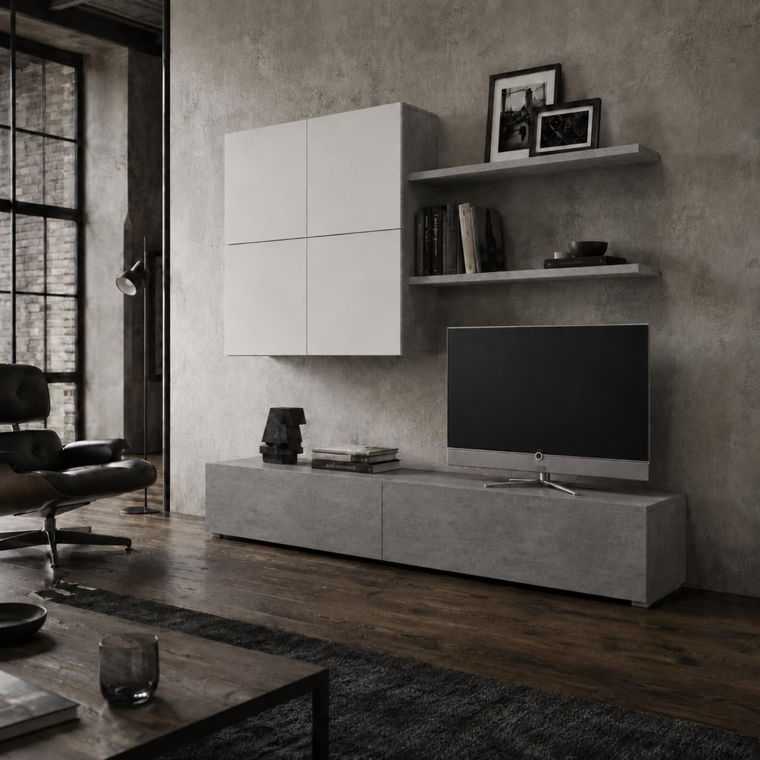 Arreditaly Parete Attrezzata Mobile Soggiorno Moderno Con Base TV 2 Ante Pensile 4 Ante e 2 Mensole Design Contemporaneo in Melaminico Facile da Pulire 200 x 194 x 40 cm Bianco e Grigio Cemento