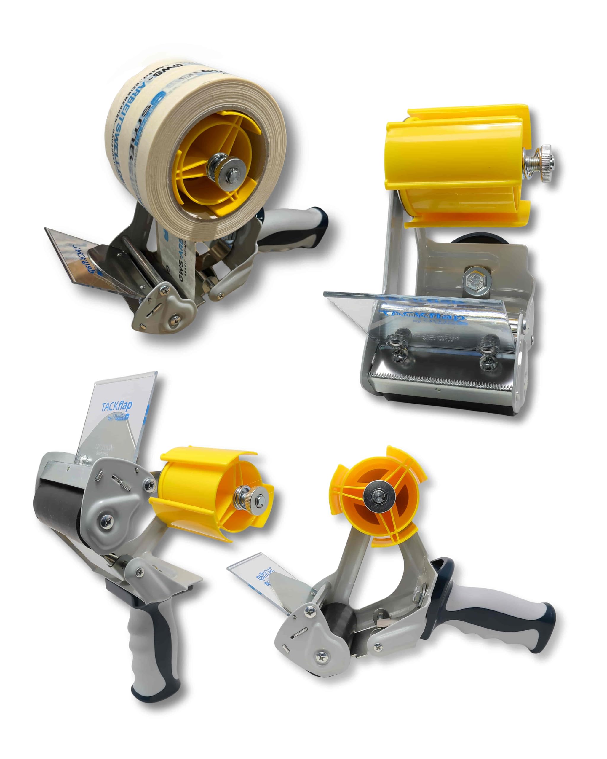 gws Dispensador de cinta adhesiva profesional con marco de metal estable, hoja de seguridad y mango ergonómico de goma (2 dispensadores, para rollos de hasta 66 m x 75 mm)