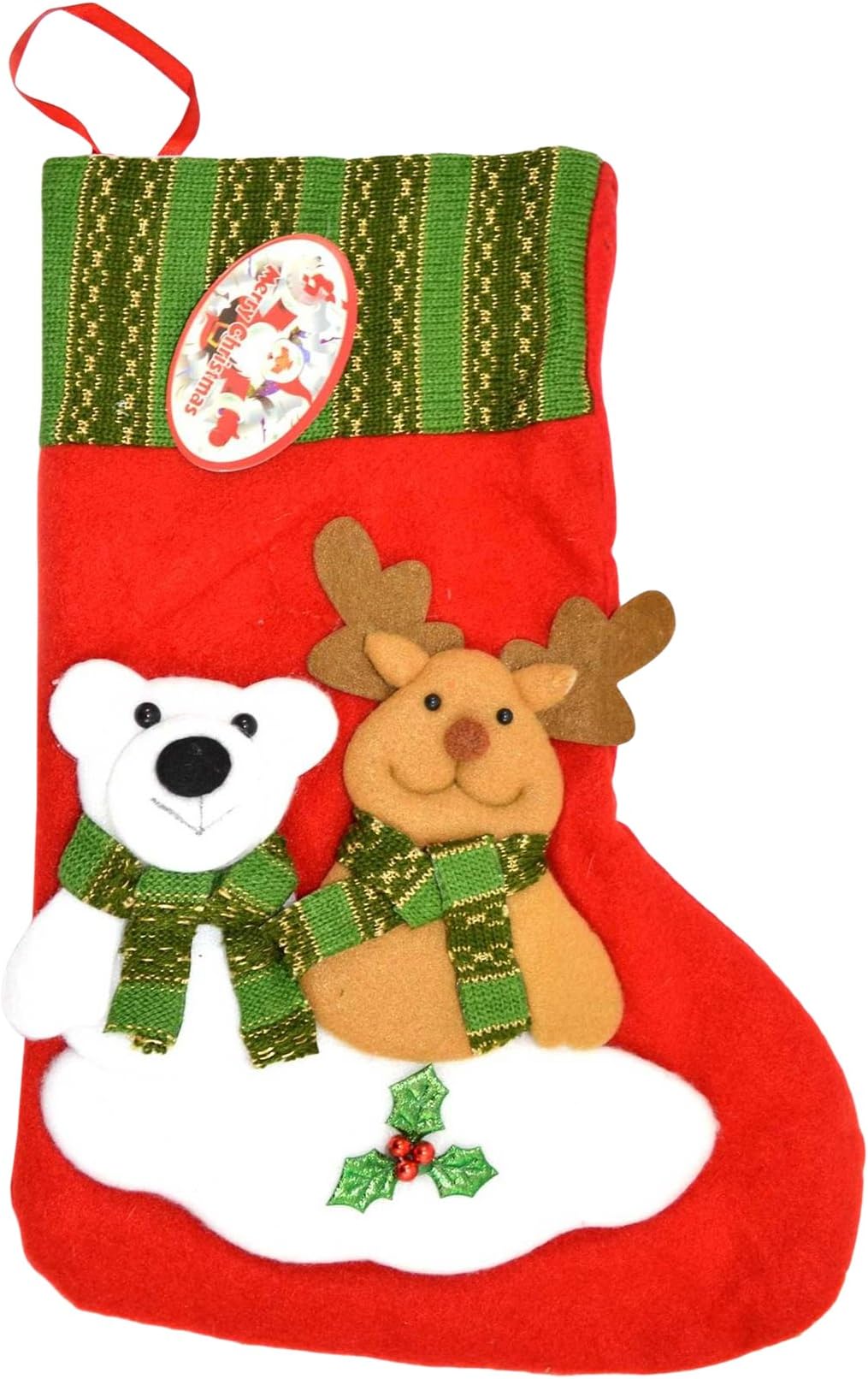 Shatchi Traditional Deluxe Hand 3D Santa Stocking Sock Sack Christmas Xmas Gifts Bag Toys Sweets Tree Snowman Decorations 38cm Long, 38cm x 18cm, Red