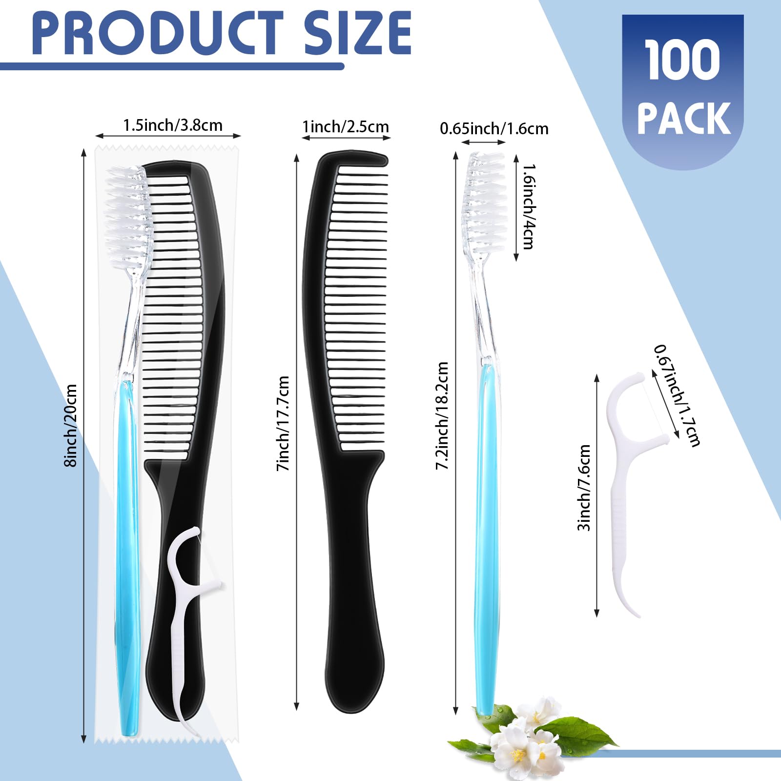 Sawysine Set di 100 spazzolini da denti da viaggio, confezionati singolarmente, usa e getta, con pettine, filo interdentale, per viaggi, hotel, rifugio, casa di cura