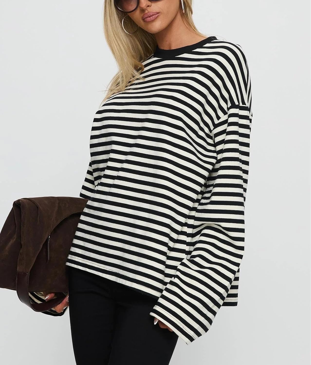 Striped Long Sleeve Shirt Women Y2k Oversized Crewneck Vintage Tops Fall Winter Drop Shoulder Cute Preppy Pullover - Image 4