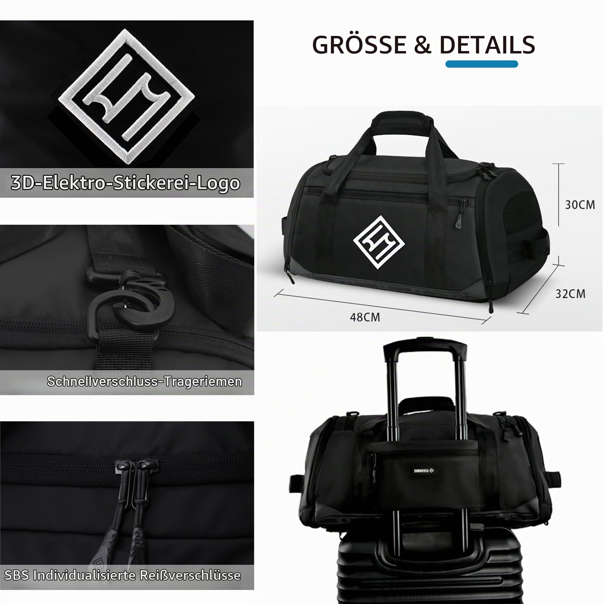 Sporttasche für Herren Damen - Sportrucksack mit Schuhfach, 47L Reisetasche Duffel Bag, Groß Trainingstasche mit Wasserdicht Nassfach für Fußball, Basketball, Fitness, Gym, Schwimmen, Yoga - Schwarz