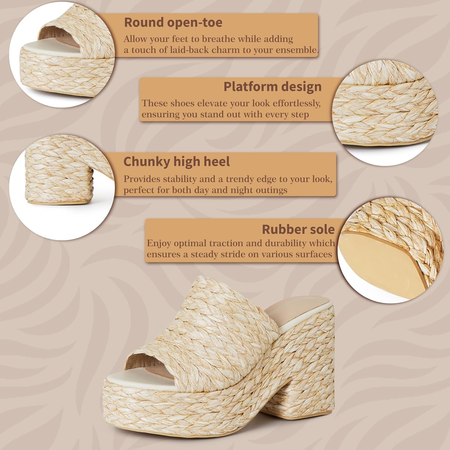 CYNLLIO Platform Sandals for Women Espadrilles Wedegs Open Toe Heels Raffia Woven Slides Chunky Heeled Boho Shoes for Summer Beach Vacation - Image 6