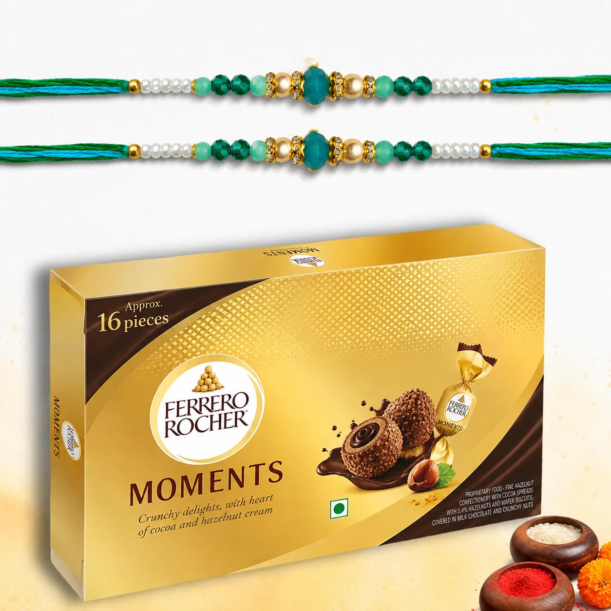 Gifticon Rakhi for Brother Rakhi with Chocolate - Rakshabandhan Gift Box with Ferrero Rocher, Rakhi Card, Roli Chawal - Set of 2 Rakhis