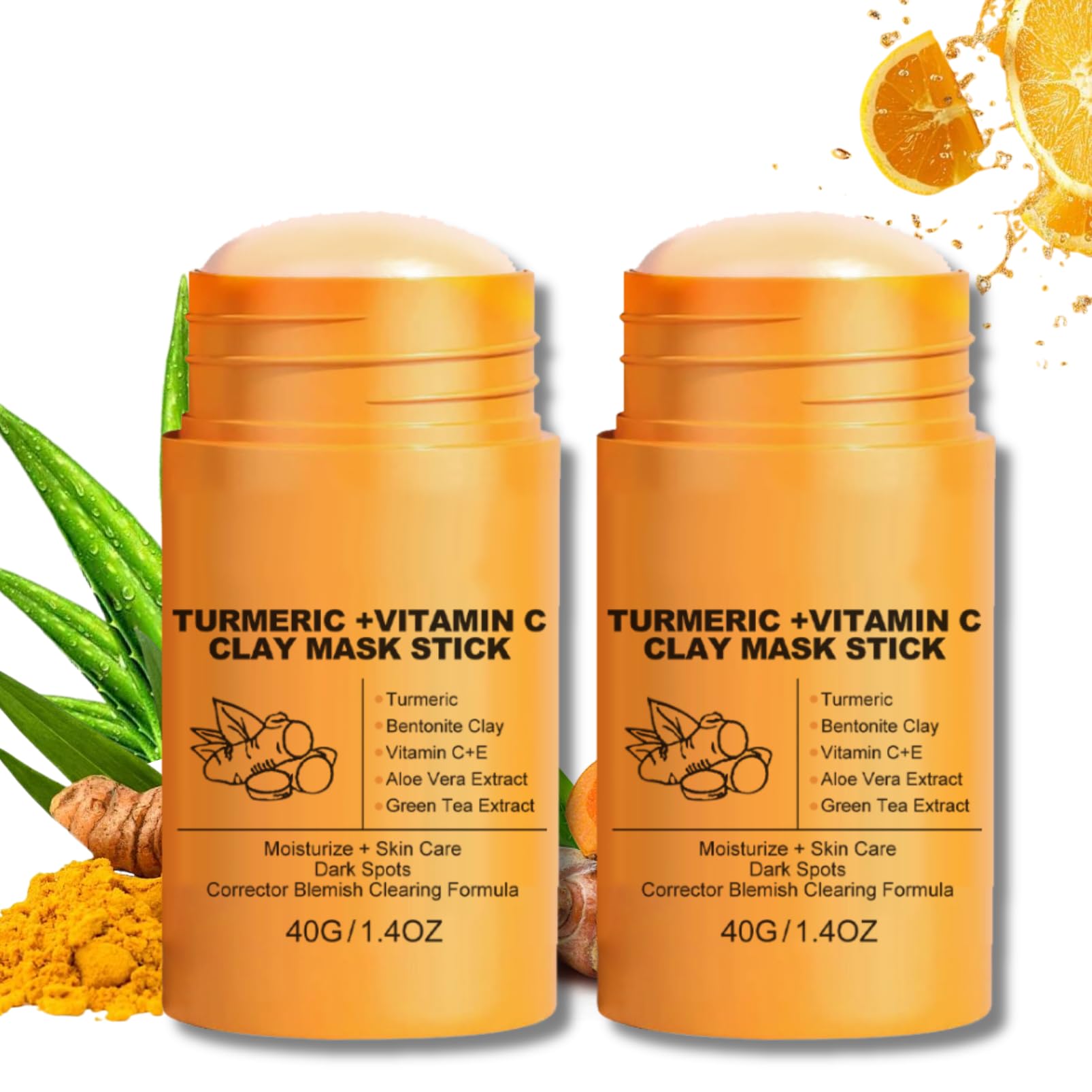 2 PCS Turmeric Clay Mask For Pores, Vitamin C Turmeric Face Mask Stick With Silicone, Facial Mask Mud Stick Blackhead Remover, Reduce Acne Dark Spots, Oil Control & Acne Relief for All Skin Types
