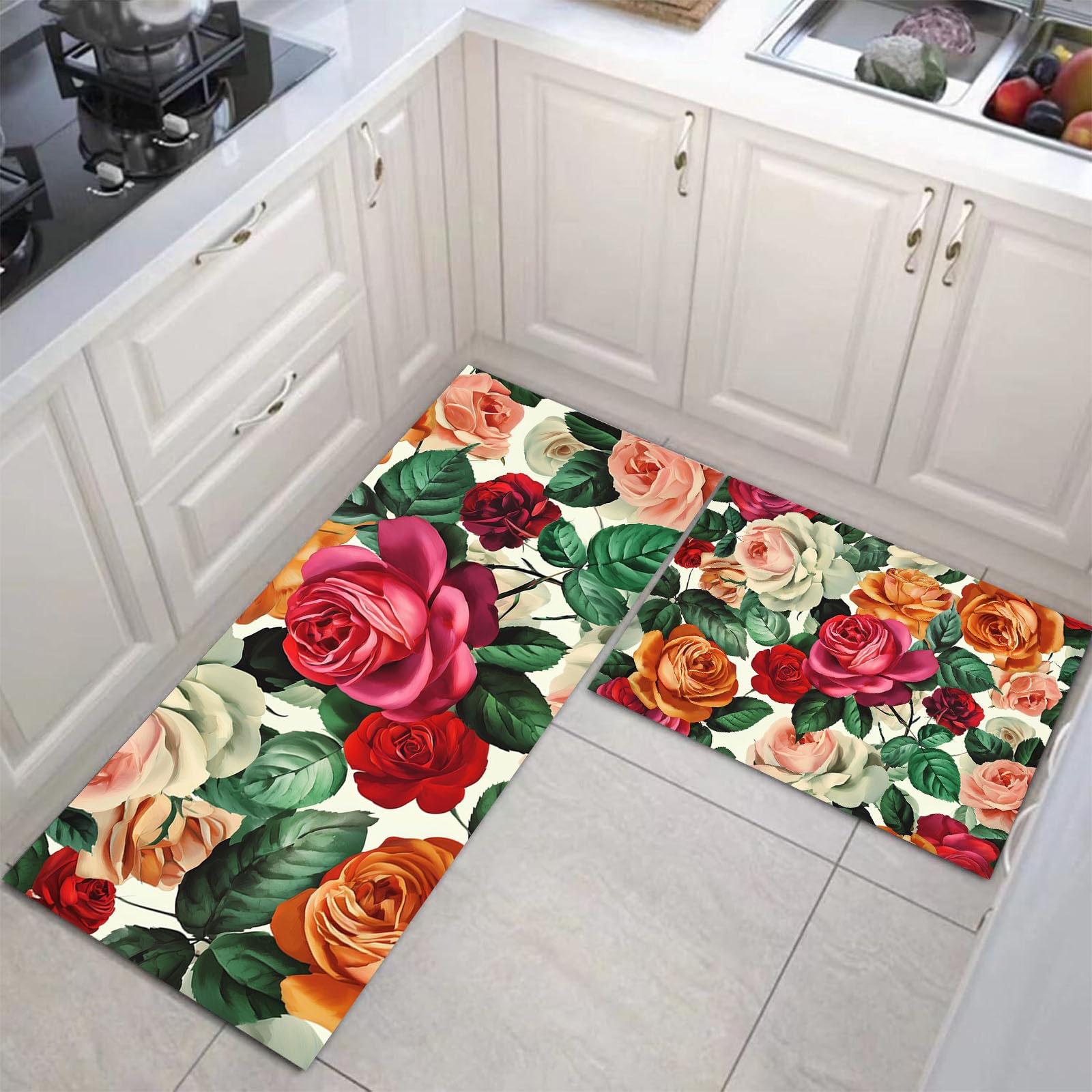 Alfombrillas de cocina antideslizantes JEDTAKCT con tapicería rosa barroca elegante de alta densidad
