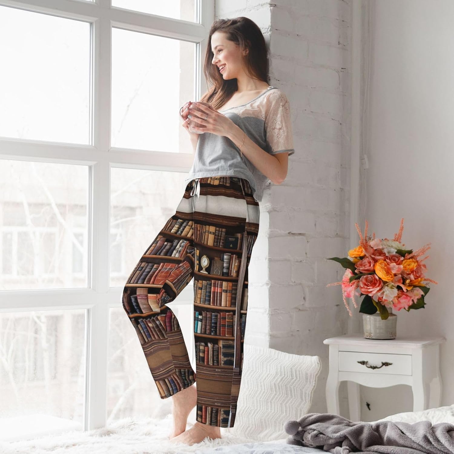 Library Bookshelf Book Print Cozy Christmas Pajama Pants,Flannel Pajama Bottoms,Cater To Various Body Types