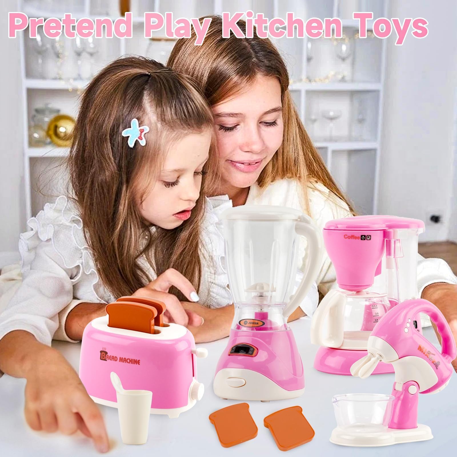 Juguetes de Cocina para Niños,con Tostadora Cafetera Batidora Exprimidor,Incluye Luces y Música,Juego de Desayuno Juguete para Juegos de rol,Apto para Niños y Niñas a Partir de 3 Años