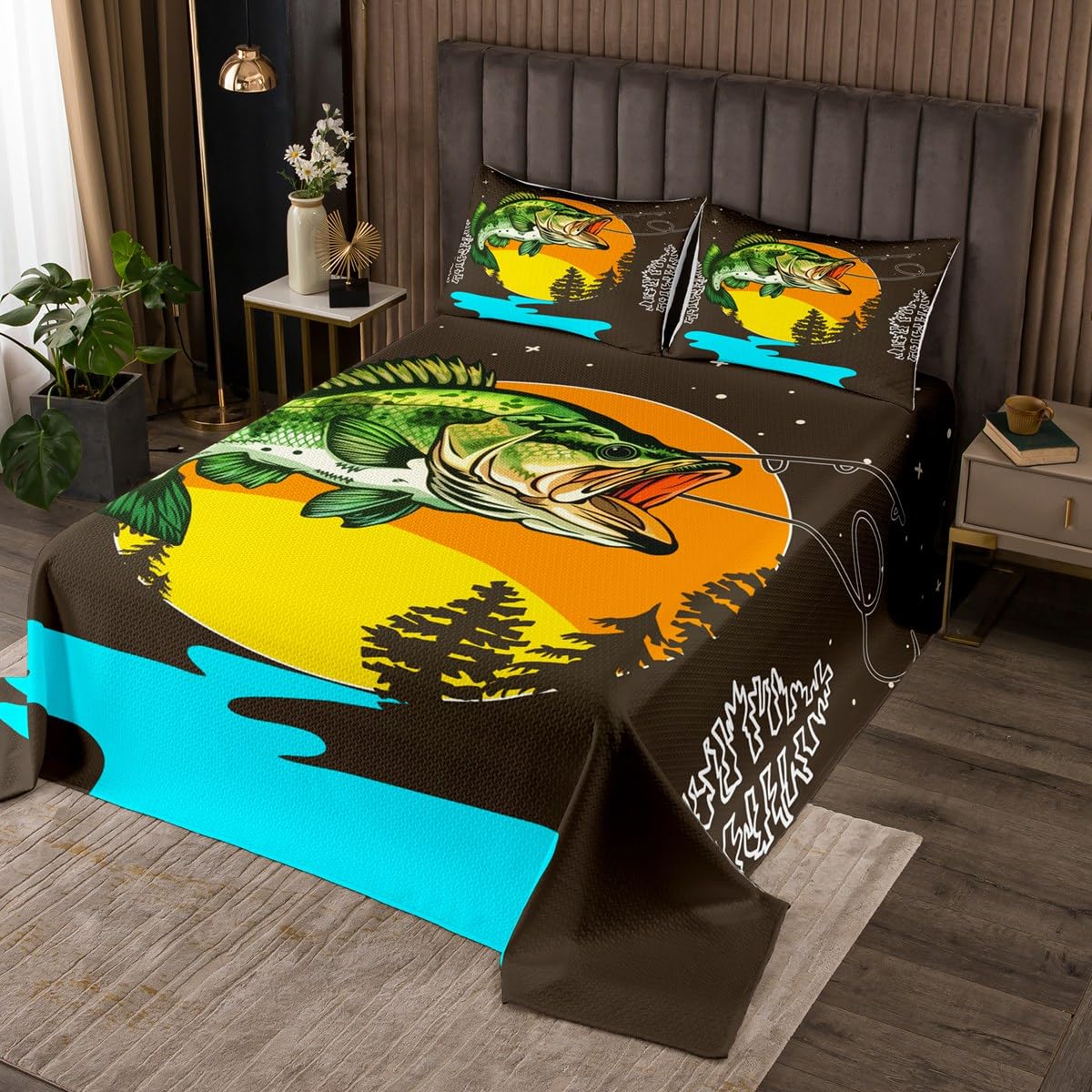 Erosebridal Big Pike Fish Bedspread Set for Kids Boys Girl Fishing Hunting Quilt Set Queen Country Woodland Adventure Bedspread Sets Farmhouse Hunter Cabin Coverlet Set Animal Theme Bedroom Decor