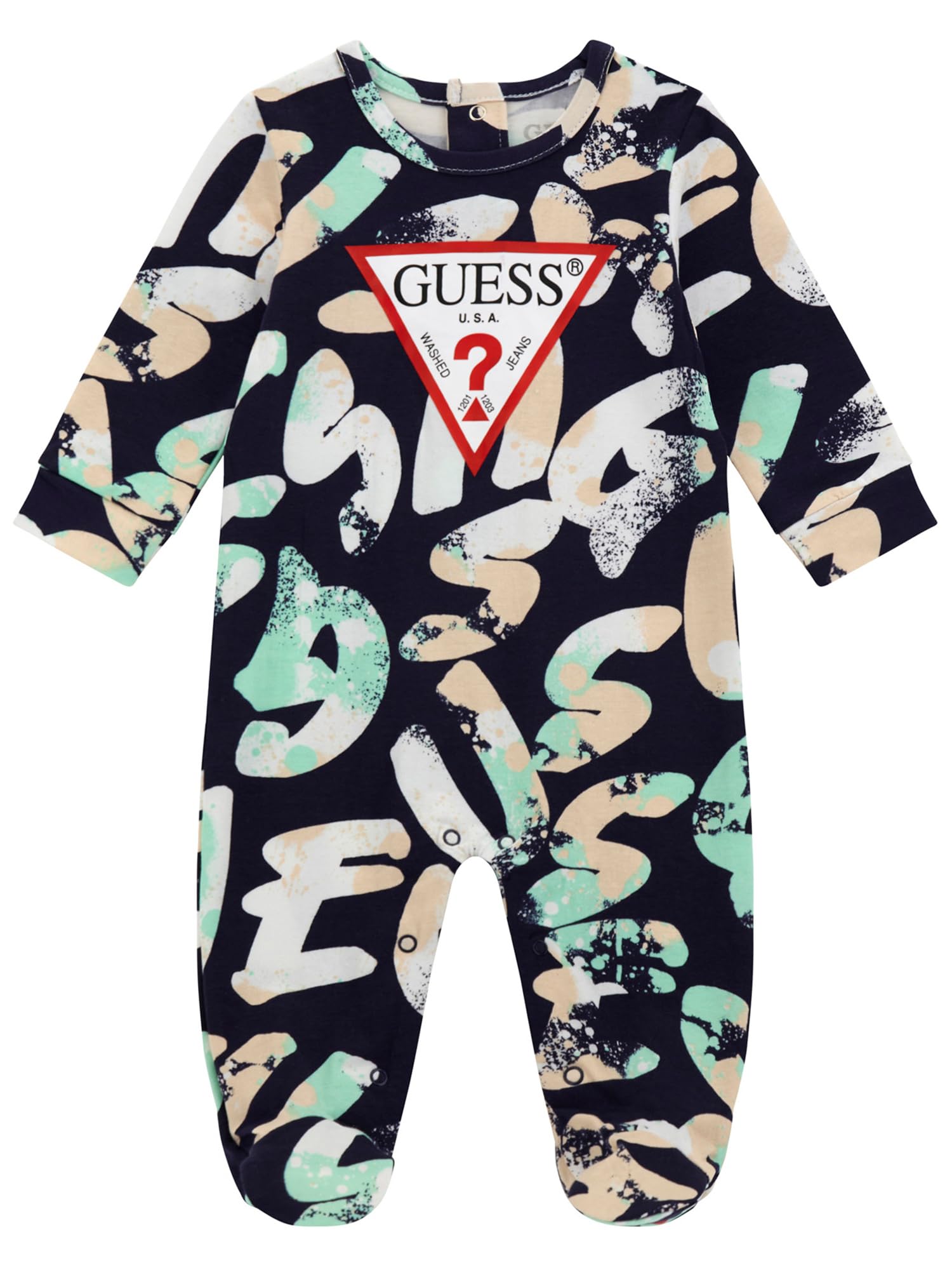 GUESS Baby Boy Eco Long Sleeve Stretch Jersey Printed Onesie, White Logo Lettering Aop, 9