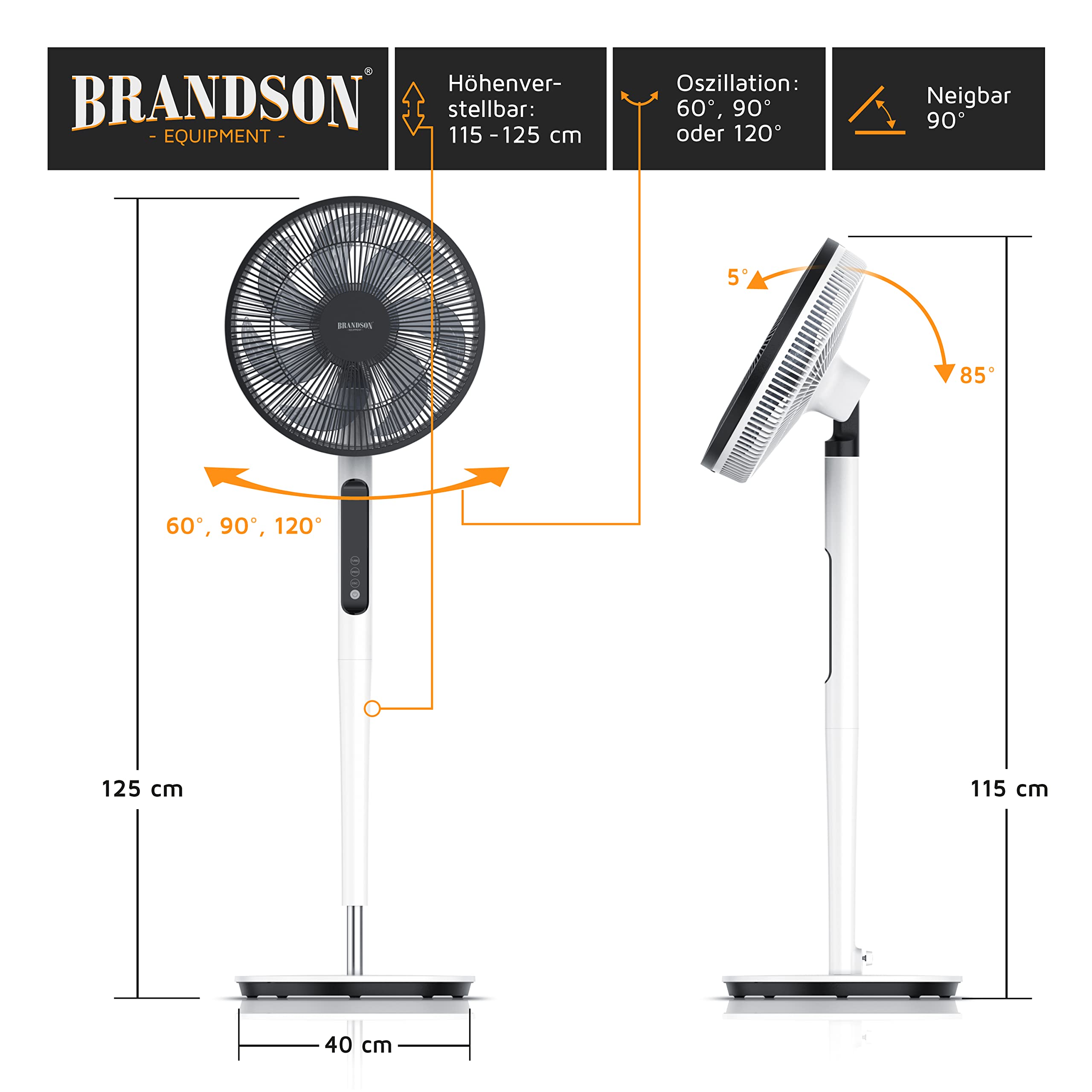 Brandson - DC Standventilator energiesparend ECO - Sieger Ventilatoren 2026 - Fernbedienung - Brushless Silent Motor - sehr leise – Oszilation 60° 90° 120° - 12 Stufen - Turbo Modus - weiß