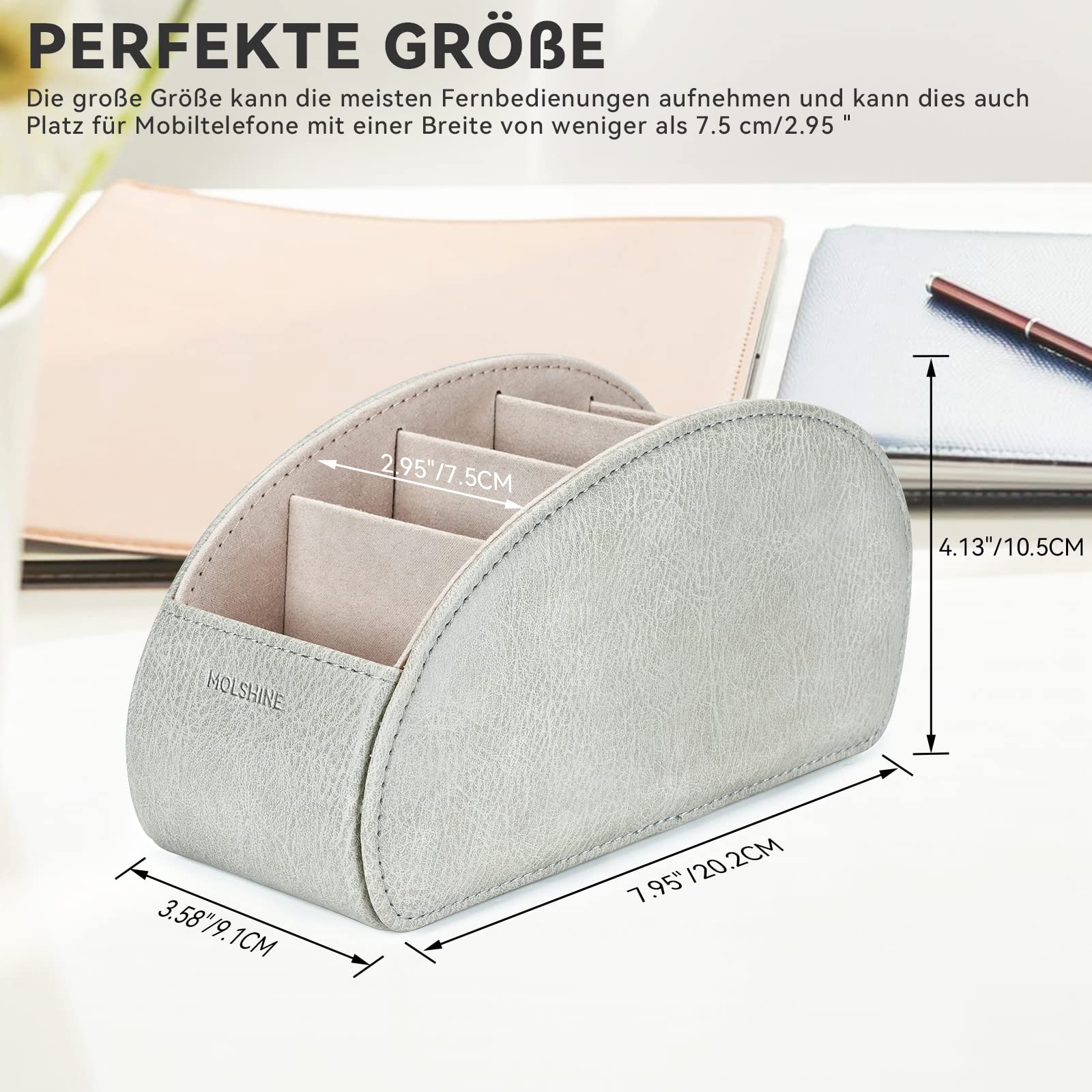 molshine Porta Telecomandi con 5 scomparti,Pelle PU Organizzazione Ufficio di Stoccaggio Caddy Box per Tv Remote,Media Player,Forniture per ufficio,Pennello di trucco (Grigio Chiaro)