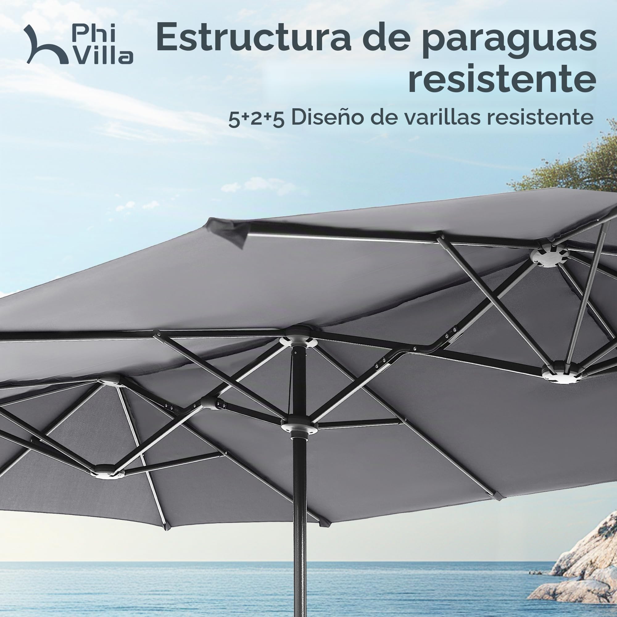 PHI VILLA Sombrilla rectangular grande, 200 x 380 cm, para jardín, terraza, jardín, con manivela, protección UV, parasol, resistente al viento
