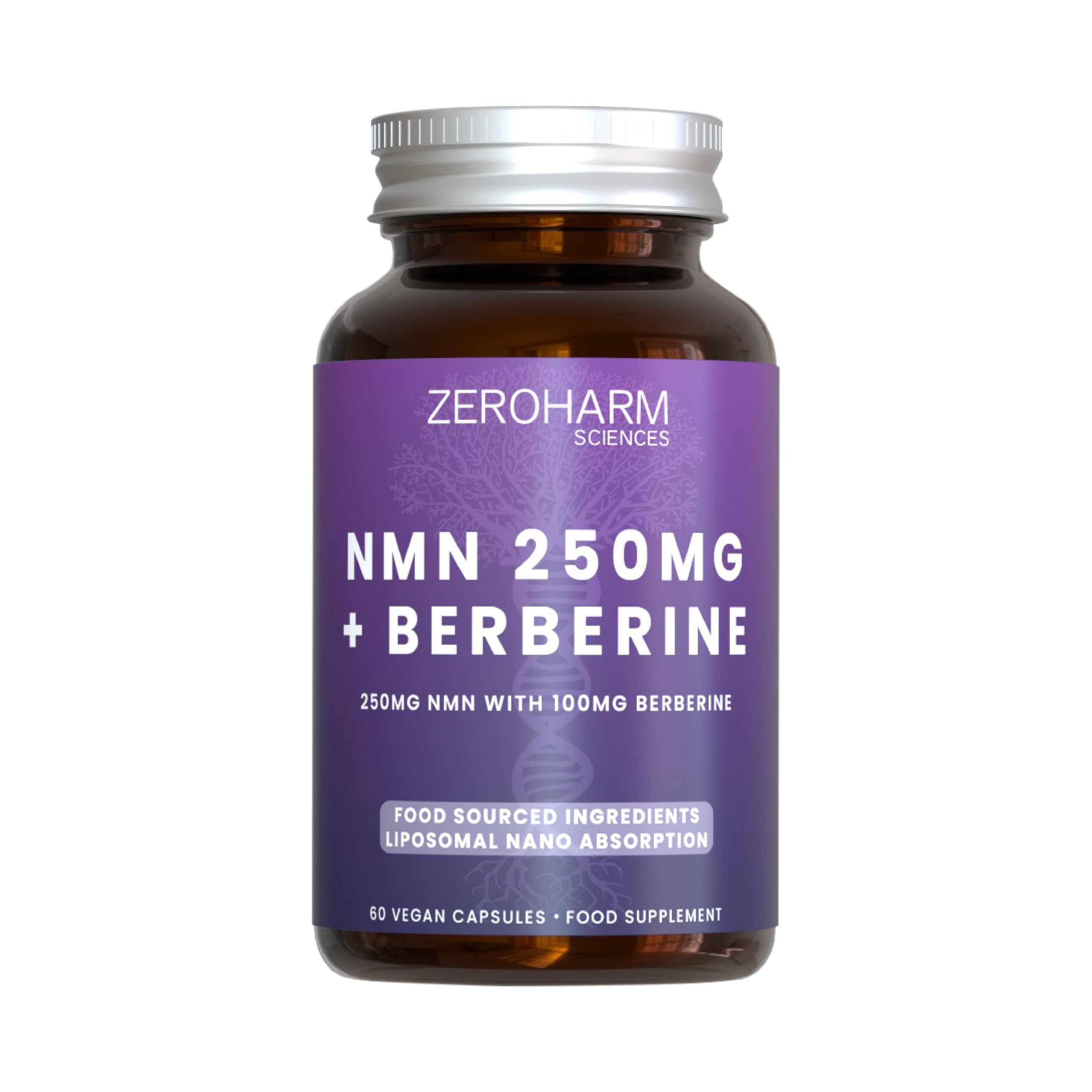 ZEROHARM NMN 250 mg con berberina – Assorbimento liposomiale – Alimentato da ingredienti alimentari veri – Confezione da 60 (confezione da 1)