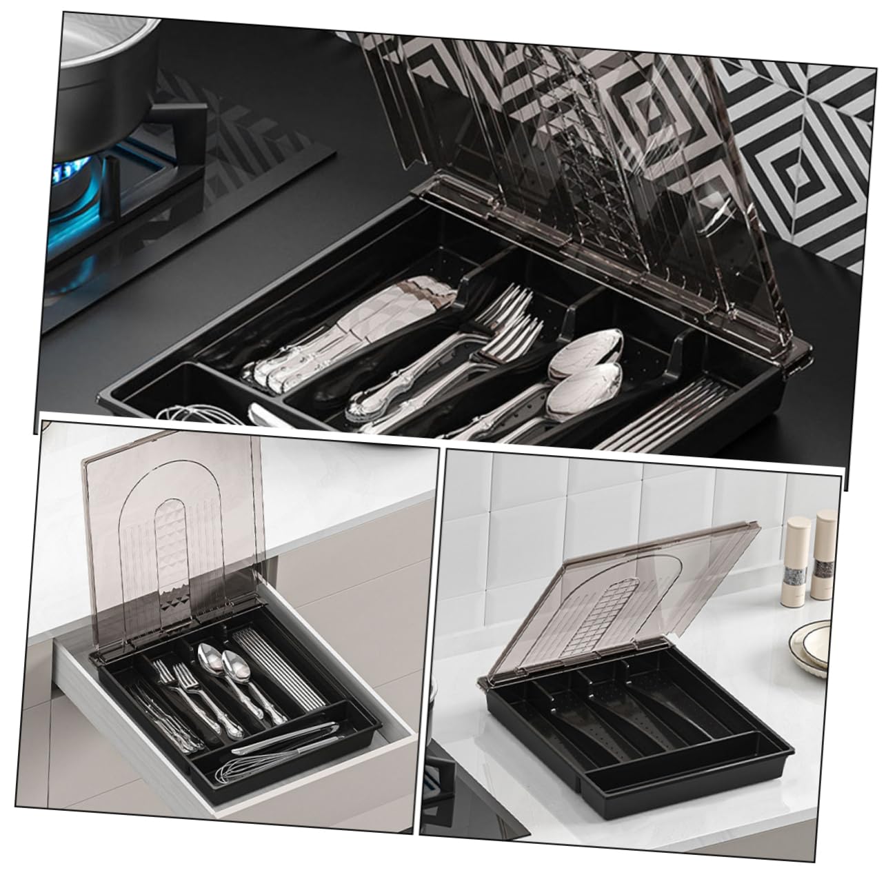 Contenedor de Cubiertos Dividido Negro de PP y Pet para Cocina