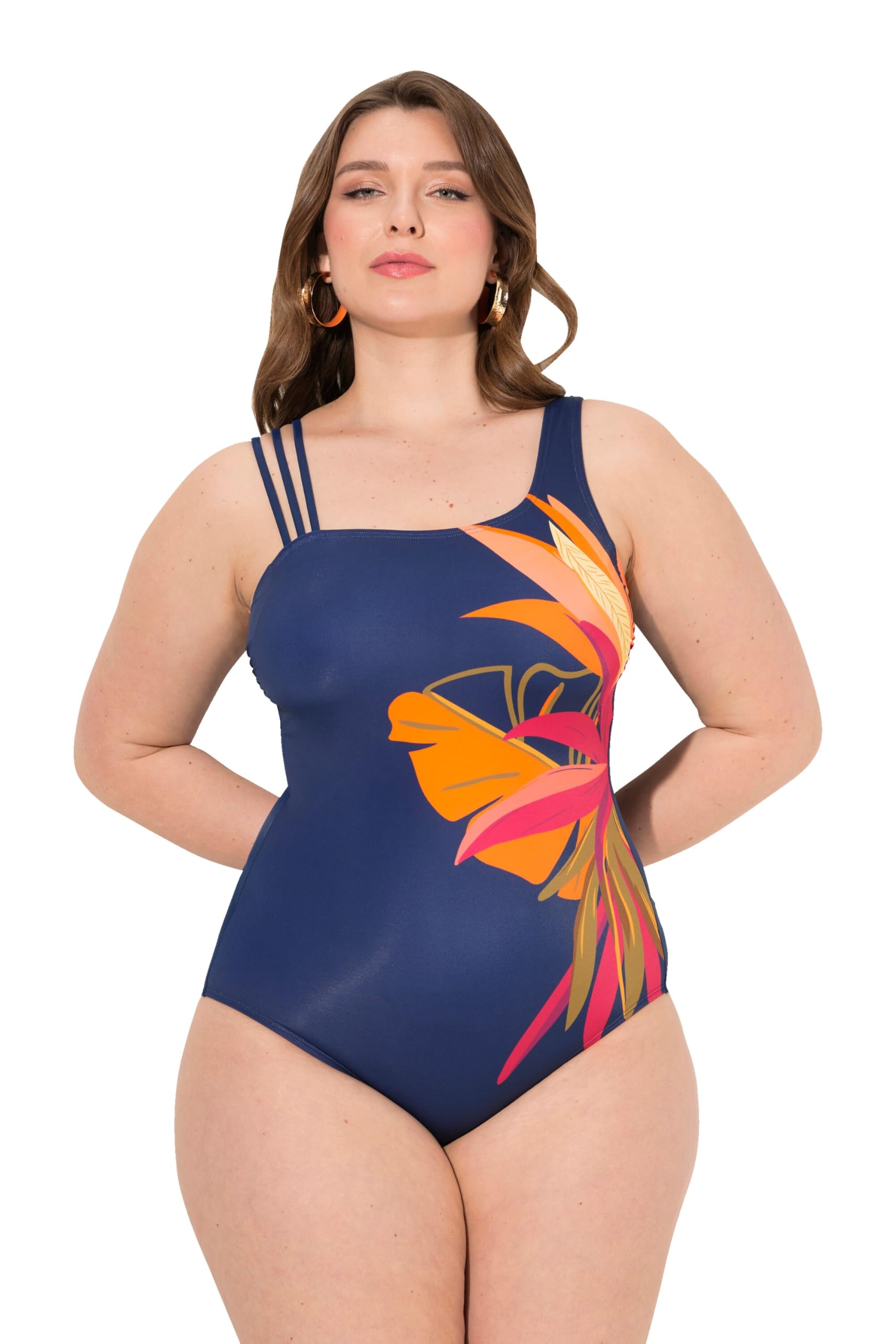 Ulla Popken Women's Leaves Soft Cups Triple Straps Recycled Swimsuit