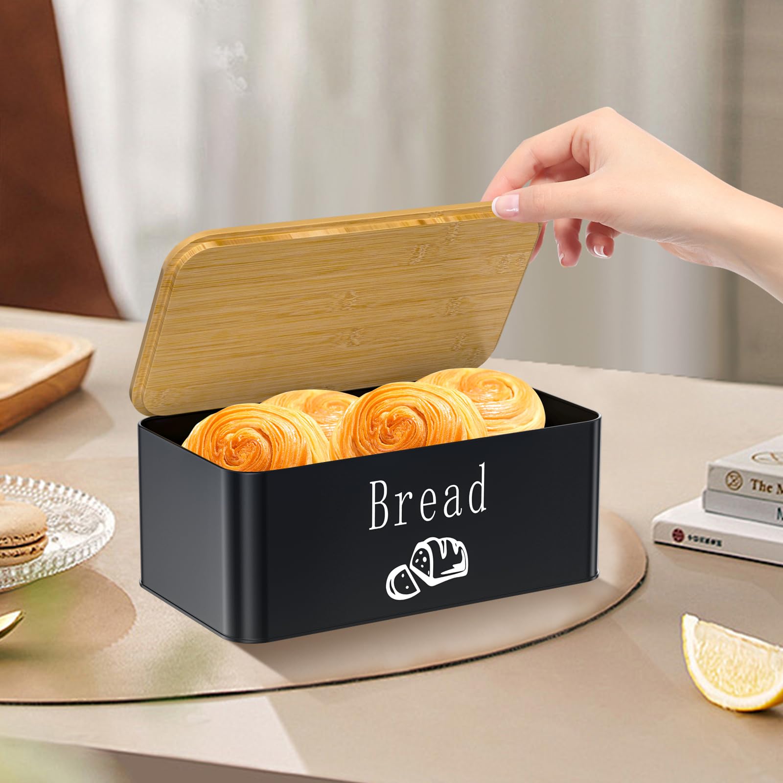 Portapane, Cassetta per Pane, 2 in 1 Portapane in Metallo con Coperchio in Bambù, Può Essere Utilizzato Come Tagliere, per Una Freschezza Duratura, 33x18,4x13cm (Nero)