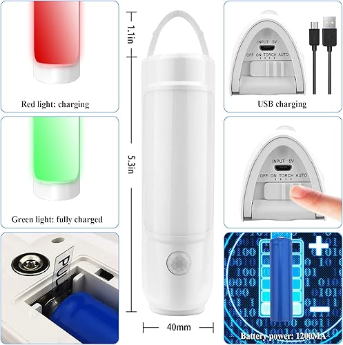 Miniatura 7 de Luz nocturna 2 en 1 con sensor de movimiento de inducción de cuerpo humano, linterna recargable por USB, luz blanca cálida, adecuada para camping,