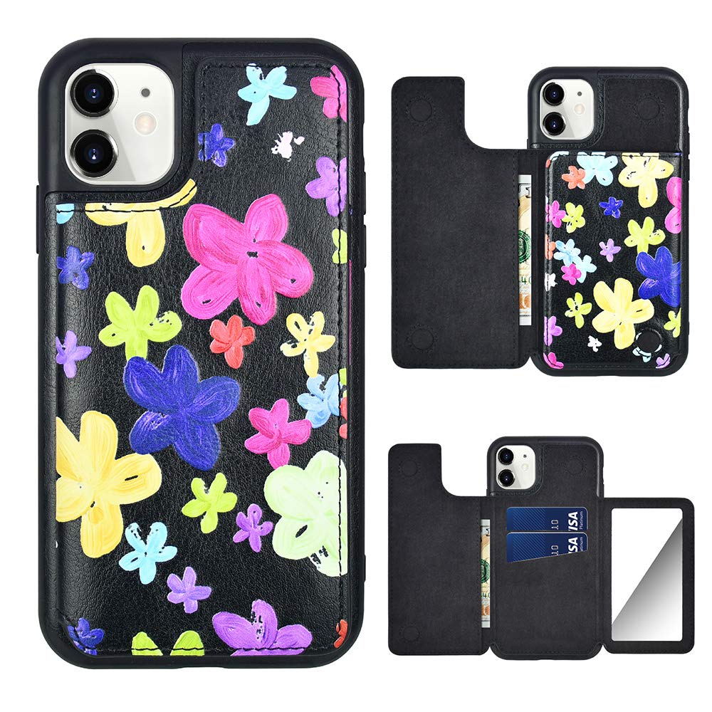 PULOKA iPhone 11 Wallet Case with Card Holder Mirror Floral Flower Pattern Design for Girls Women Leather Kickstand Magnetic Closure Protective Phone Case for Apple iPhone 11 6.1 Inch (2019) - Black