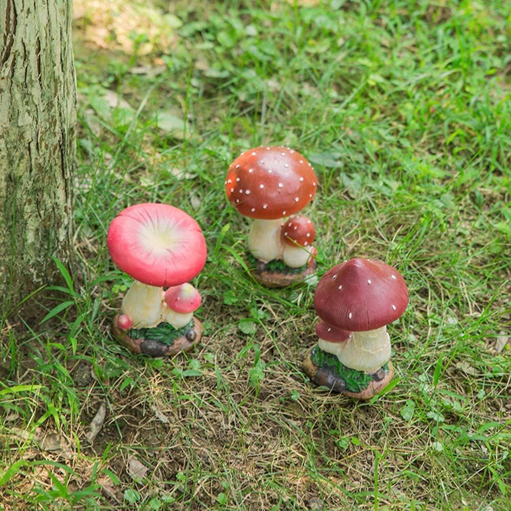 Figurki zwierząt ogrodowych na zewnątrz， dekoracje patio， zestaw 3 figurek grzybów ogrodowych， figurki dekoracyjne na zewnątrz， ozdoby do krajobrazu， ręcznie，