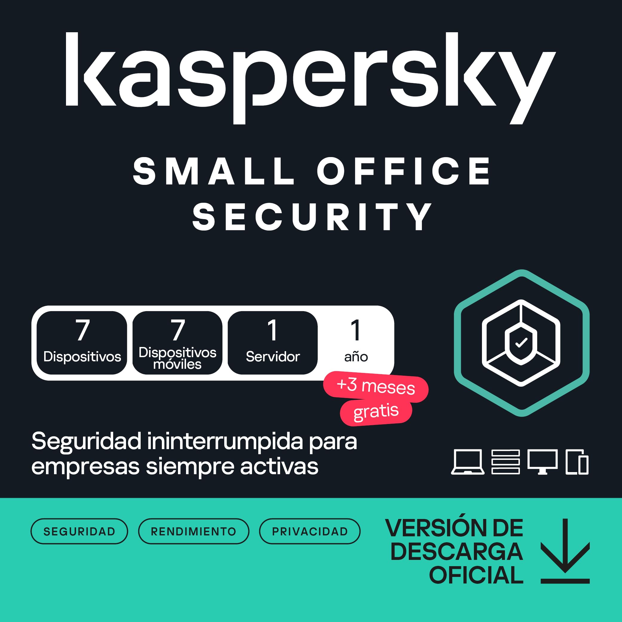 Kaspersky Small Office Security para ordenadores, móviles y servidores 2026 | 7 ordenadores de escritorio | 7 dispositivos móviles | 1 servidor de archivos | 7 usuarios | 1 año +3 meses gratis