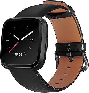 Mosstek Compatible with Fitbit Versa 2 Bands/Fitibt Versa Bands for Men Women, Soft Genuine Leather Band for Versa/Versa 2 Strap Women Men Compatible with Fitbit Versa Lite/Versa SE, Large-Black