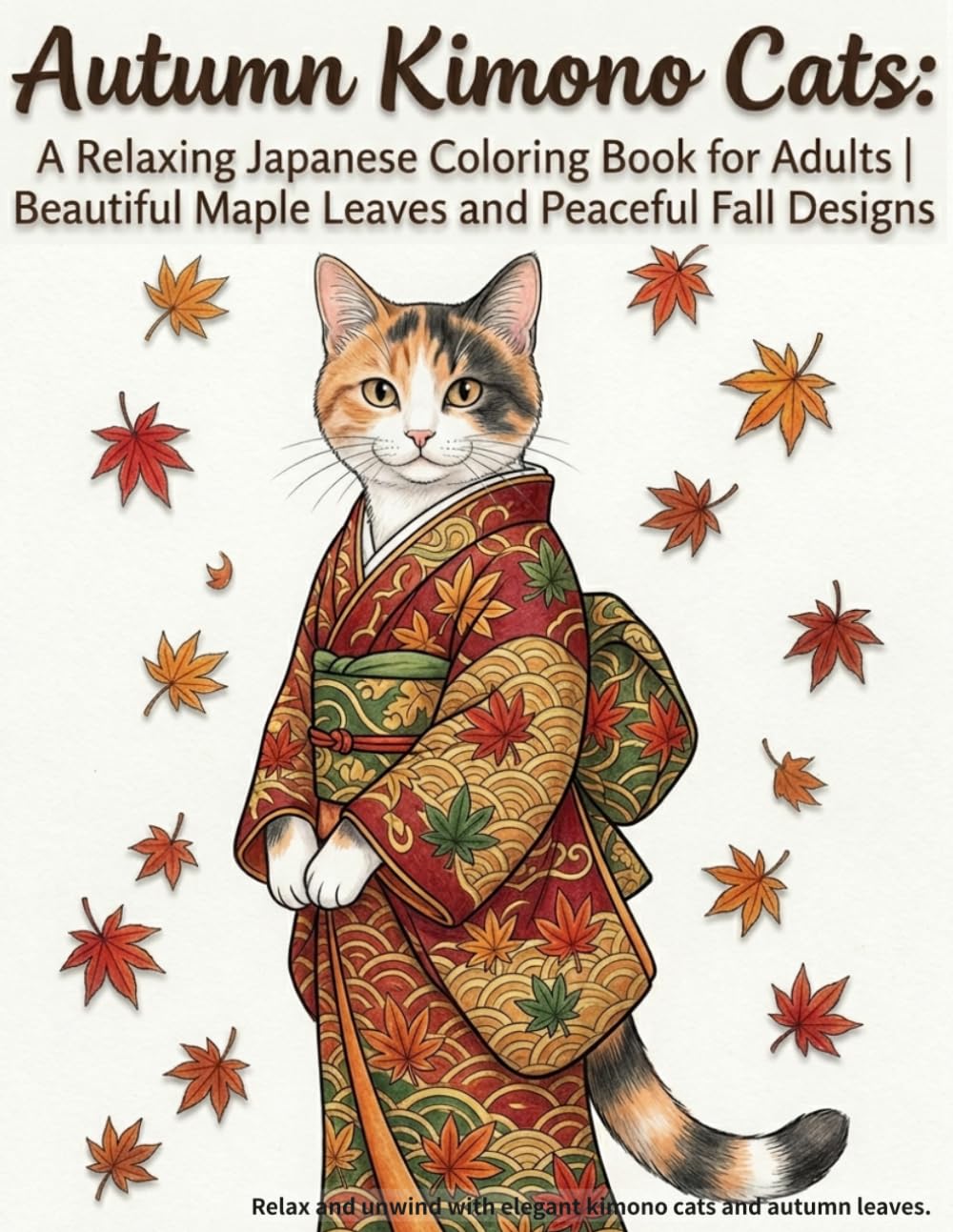 Autumn Kimono Cats: A Relaxing Japanese Coloring Book for Adults Beautiful Maple Leaves and Peaceful Fall Designs: 25 Elegant Kimono Cat Designs with ... Mindfulness, and Creative Coloring