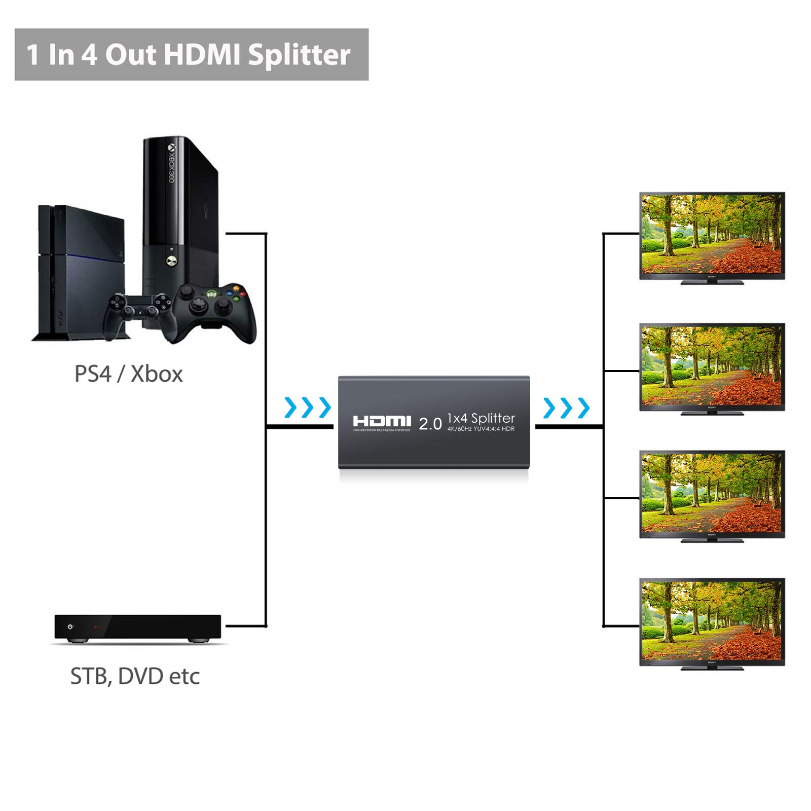 Répartiteur HDMI 2.0 4 Voies Prise en Charge du séparateur HDMI 4K @ 60Hz YUV 4: 4: 4 et HDR 1 entrée sur 4 Sorties Amplificateur de Distribution HDMI pour Lecteur Blu-Ray Skybox Xbox One Sky Box
