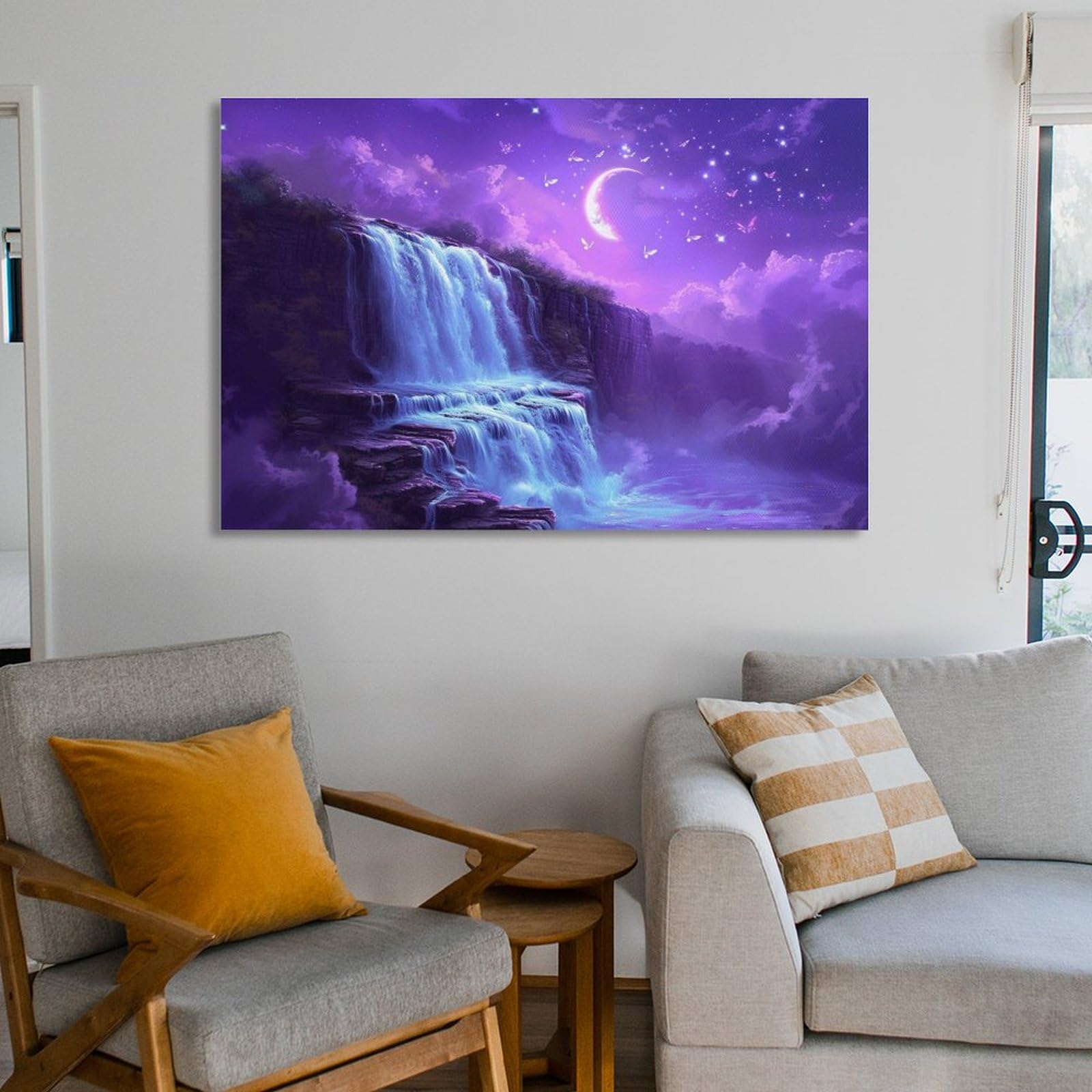 Amazon.co.jp: 絵画 紫の月明かりの下で美しい滝 アートパネル
