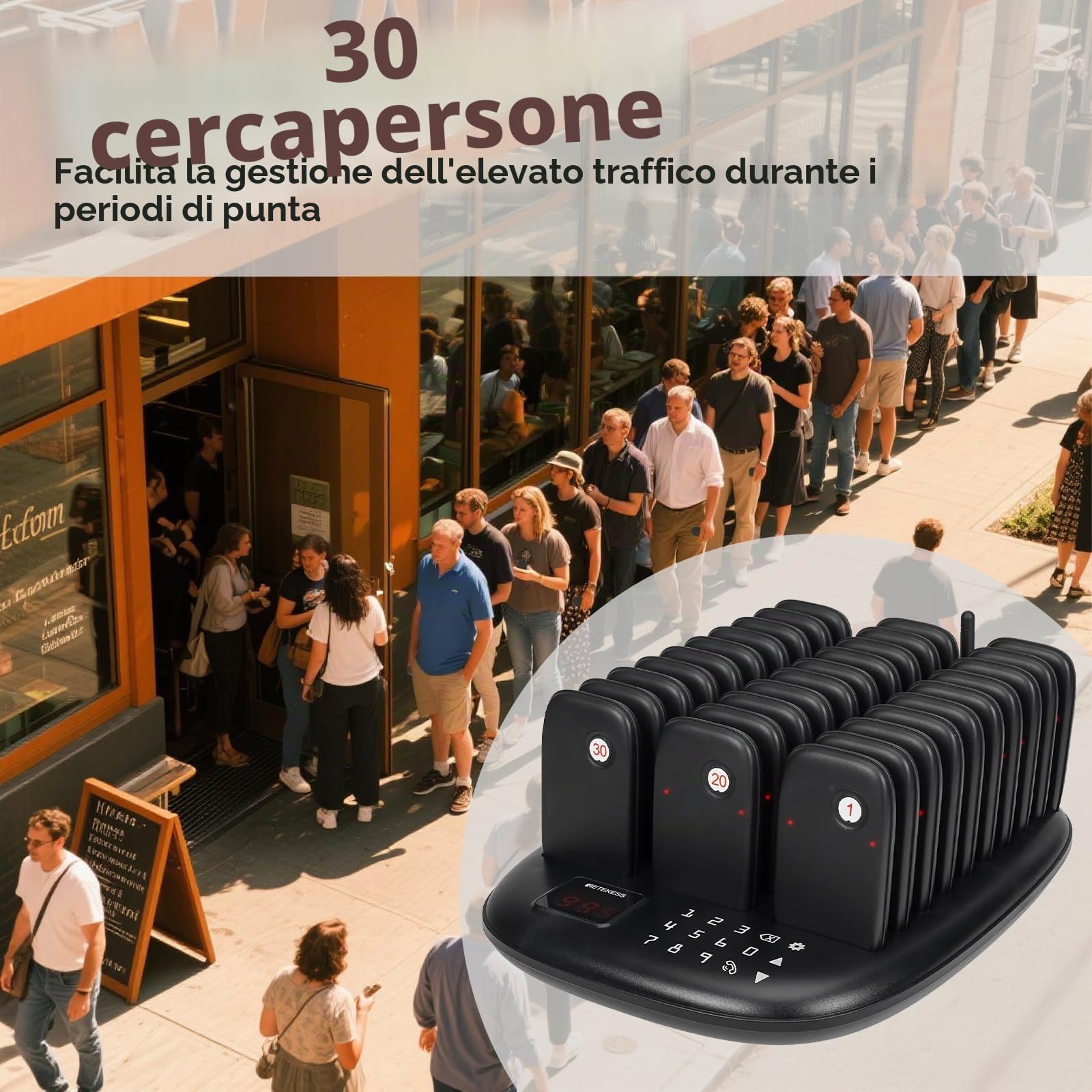 Retekess TD175P Cercapersone Ristorante, 30 Cercapersone, 800M Pager Ristorante, Facile da Configurare, 7 Modalità di Chiamata, Cercapersone Wireless per Area Ristorazione, Hotel, Chiesa