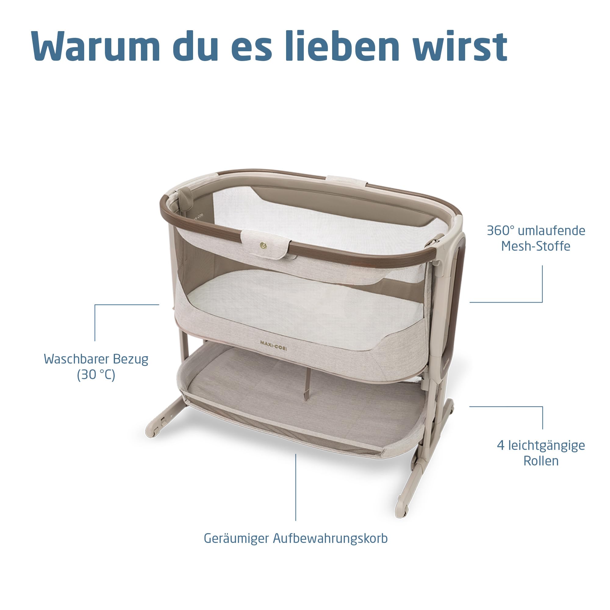 Maxi Cosi Iora Select Baby Stubenbett, 0–6 Monate (9 kg), Faltbares Beistellbett Schaukelnd/Schaukelbett, CloudCore-Matratze 3 cm, 5 Höhenstufen, 4 Leichtgängige Rollen, Easy Slide, Elegance Truffle