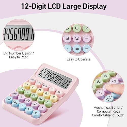 Miniatura 3 de Calculadora electrónica, pantalla LCD grande de 12 dígitos, calculadoras de escritorio pequeñas, básica rosa con botones grandes, calculadora de