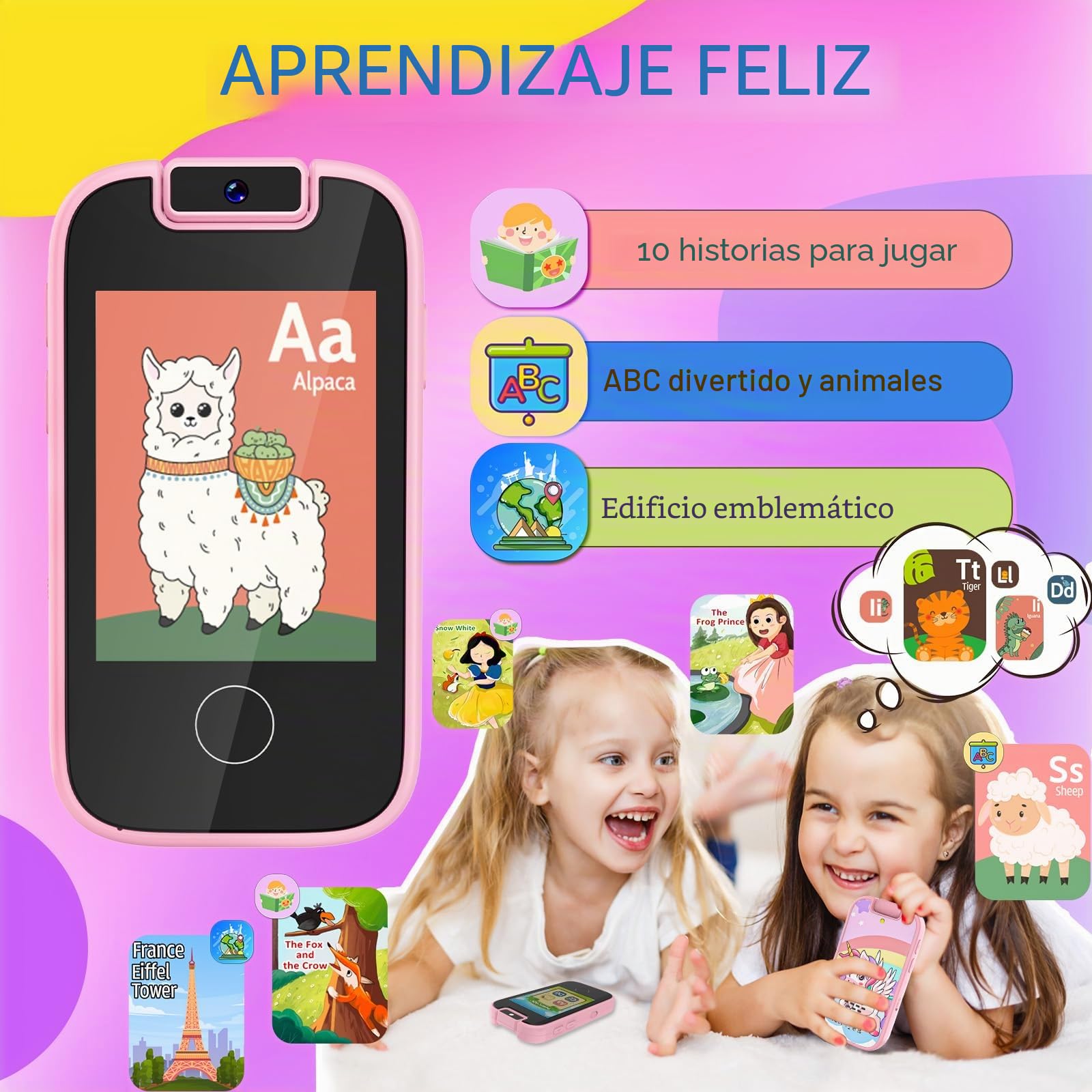 Dhapy Teléfono móvil para niños, pantalla táctil, reproductor MP3 con doble cámara, niños y niñas, regalo de cumpleaños, teléfono de aprendizaje, juguete a partir de 3, 4, 5, 6, 7, 8 años, con tarjeta