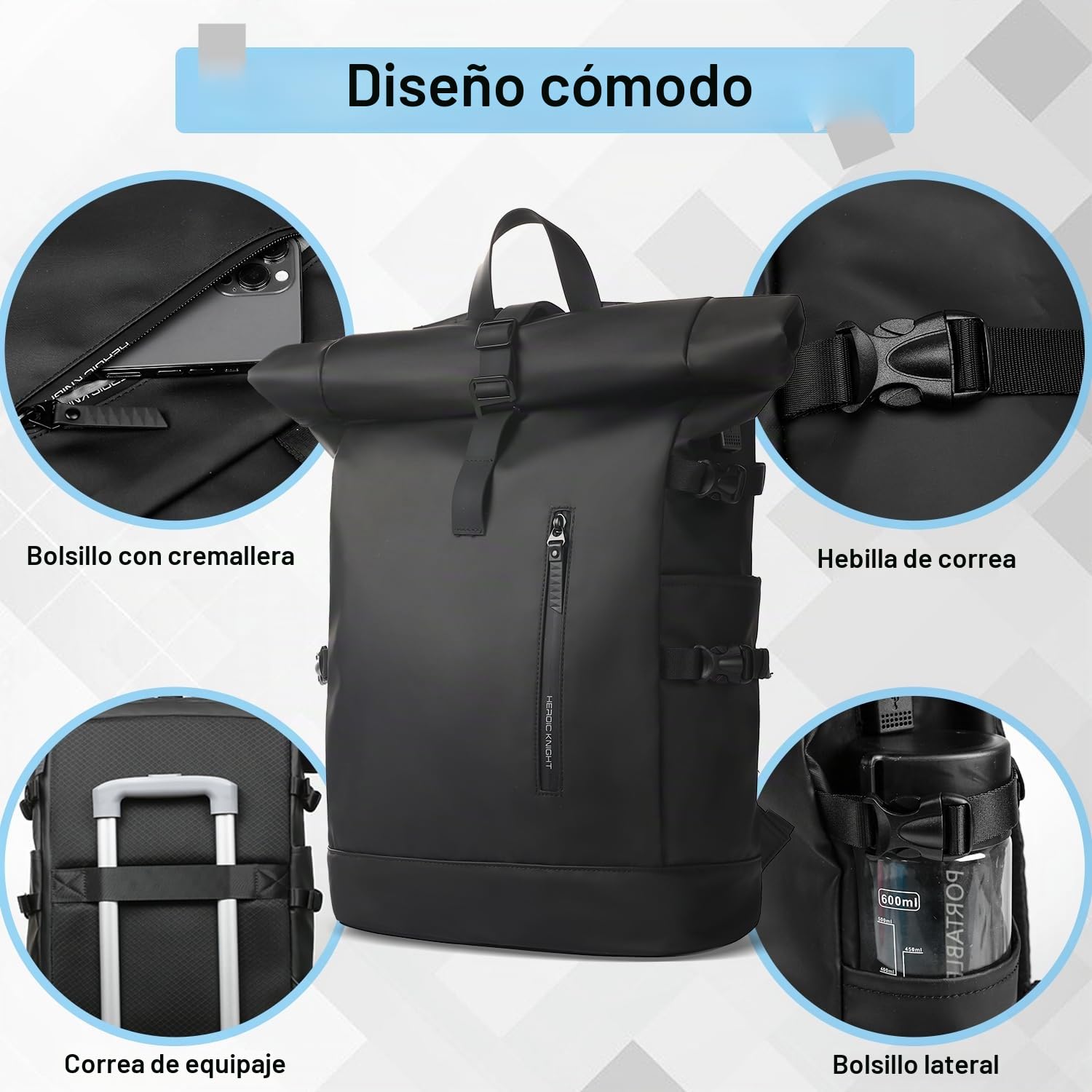 Mochila enrollable para portátil, para hombre y mujer, informal, para un día, para portátil de 15,6”