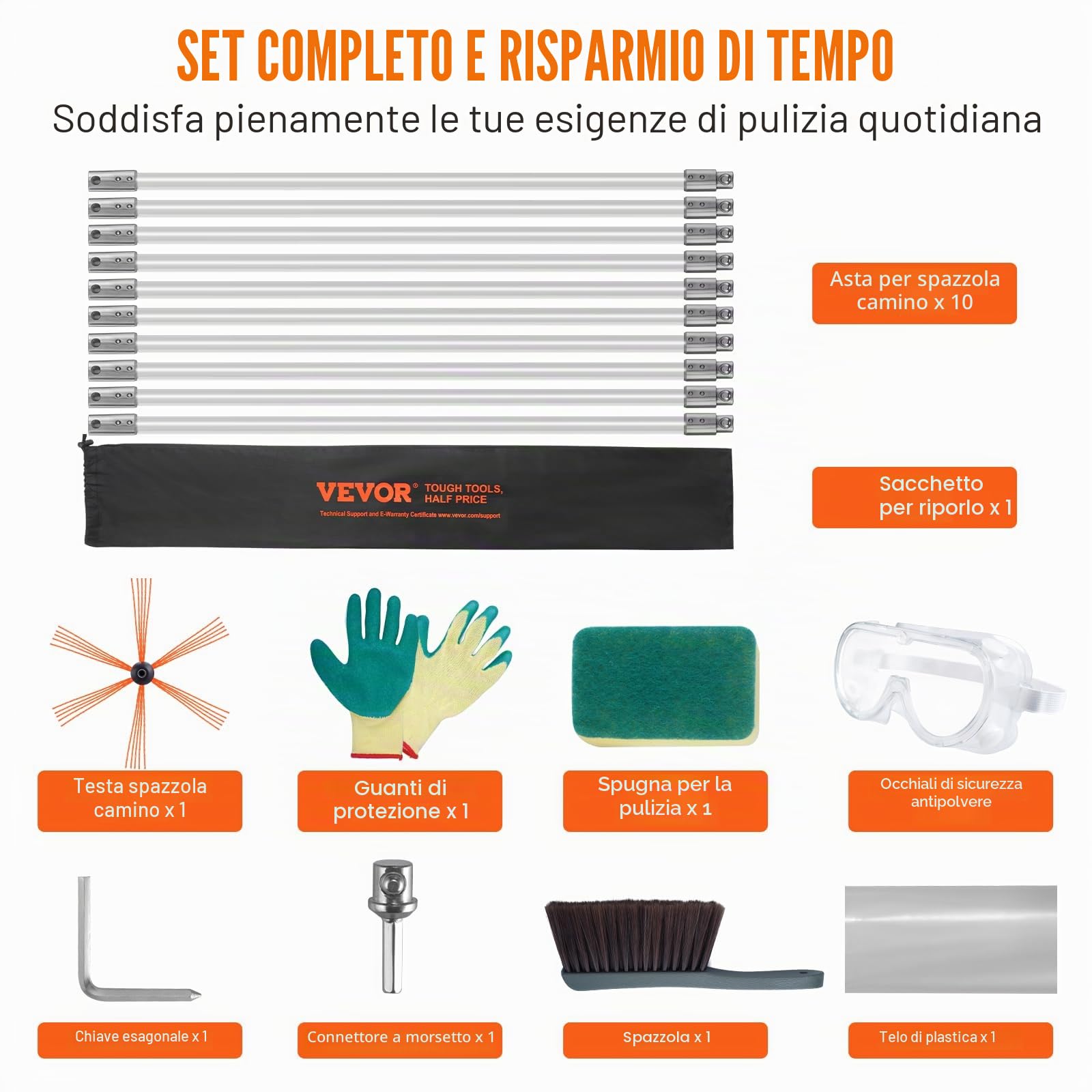 VEVOR Kit Spazzacamino per Stufa a Pellet 10 m, Spazzola per Pulizia Canne Fumarie Girevole 360°, 10 Aste Flessibili in Nylon