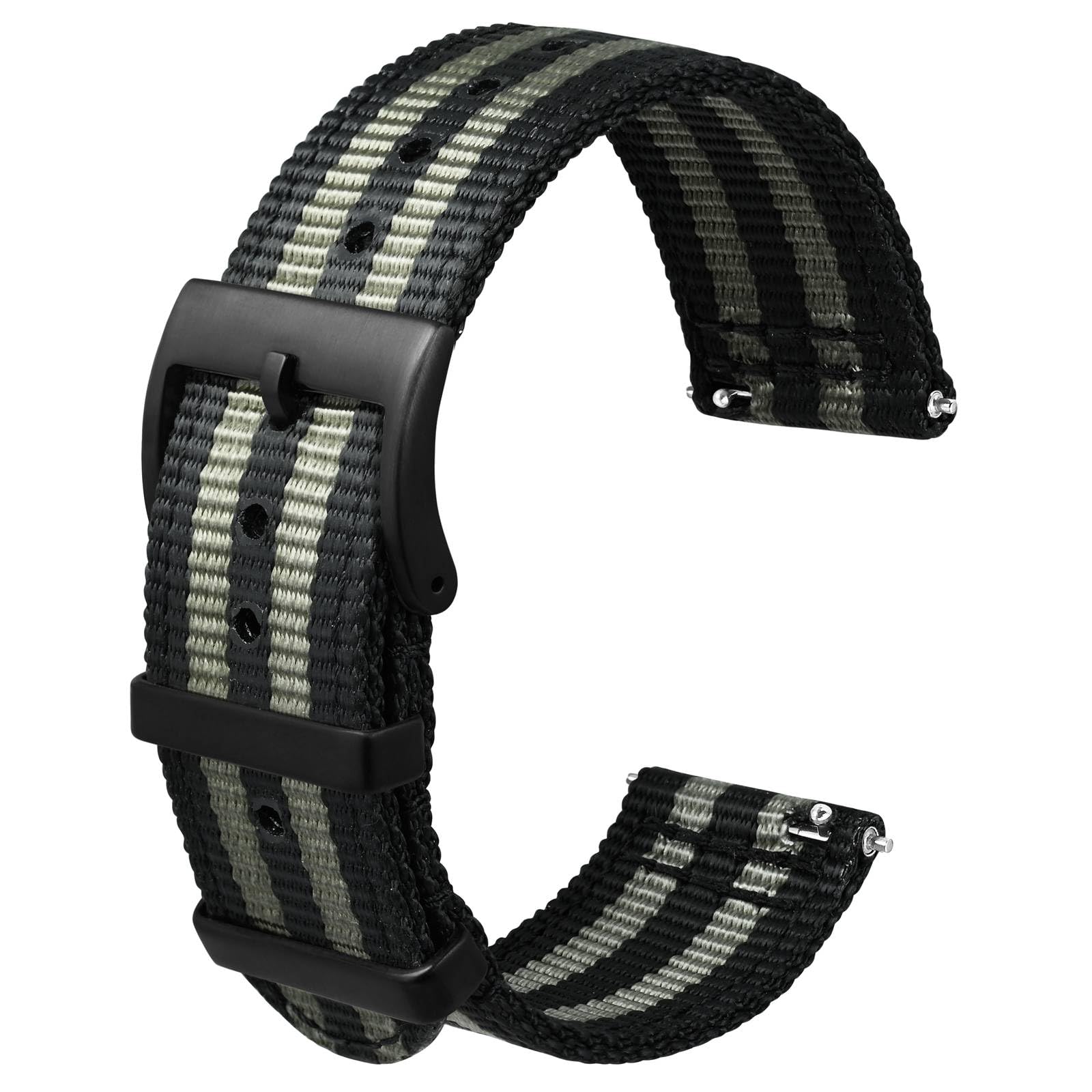 [ANBEER] 22mm 時計バンド ナイロン ツーピース式 クイックリリーズ替えベルト メタル製ループ付き ストライプ ブラックバックル