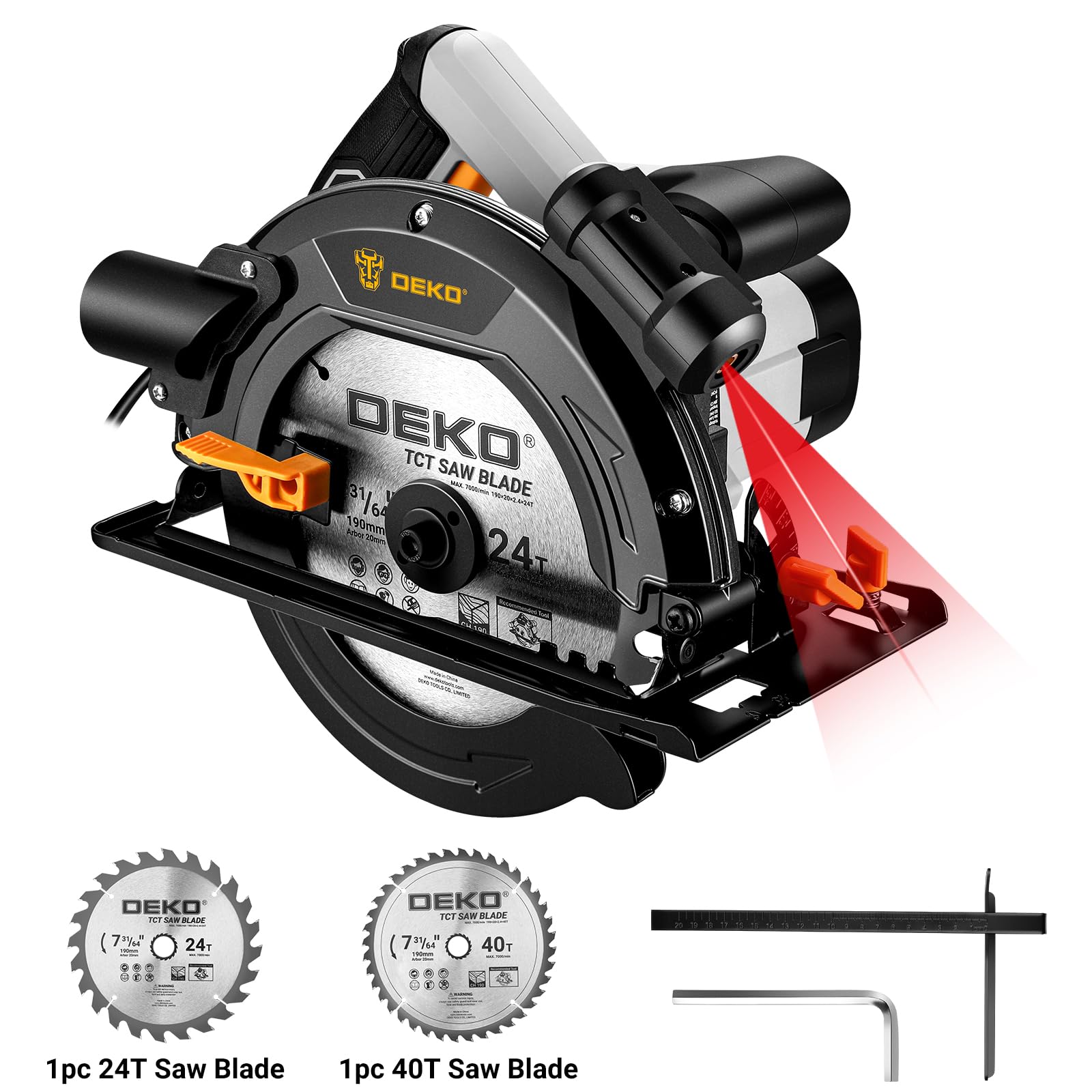 Sega circolare per legno 1400W: DEKOPRO Sierra Circular con binario guida, 2 lame da sega Ø190mm (24T + 40T), 5500RPM, Profondità massima di taglio 65mm (90°), 43mm (45°), Ideale per Tagliare Legno